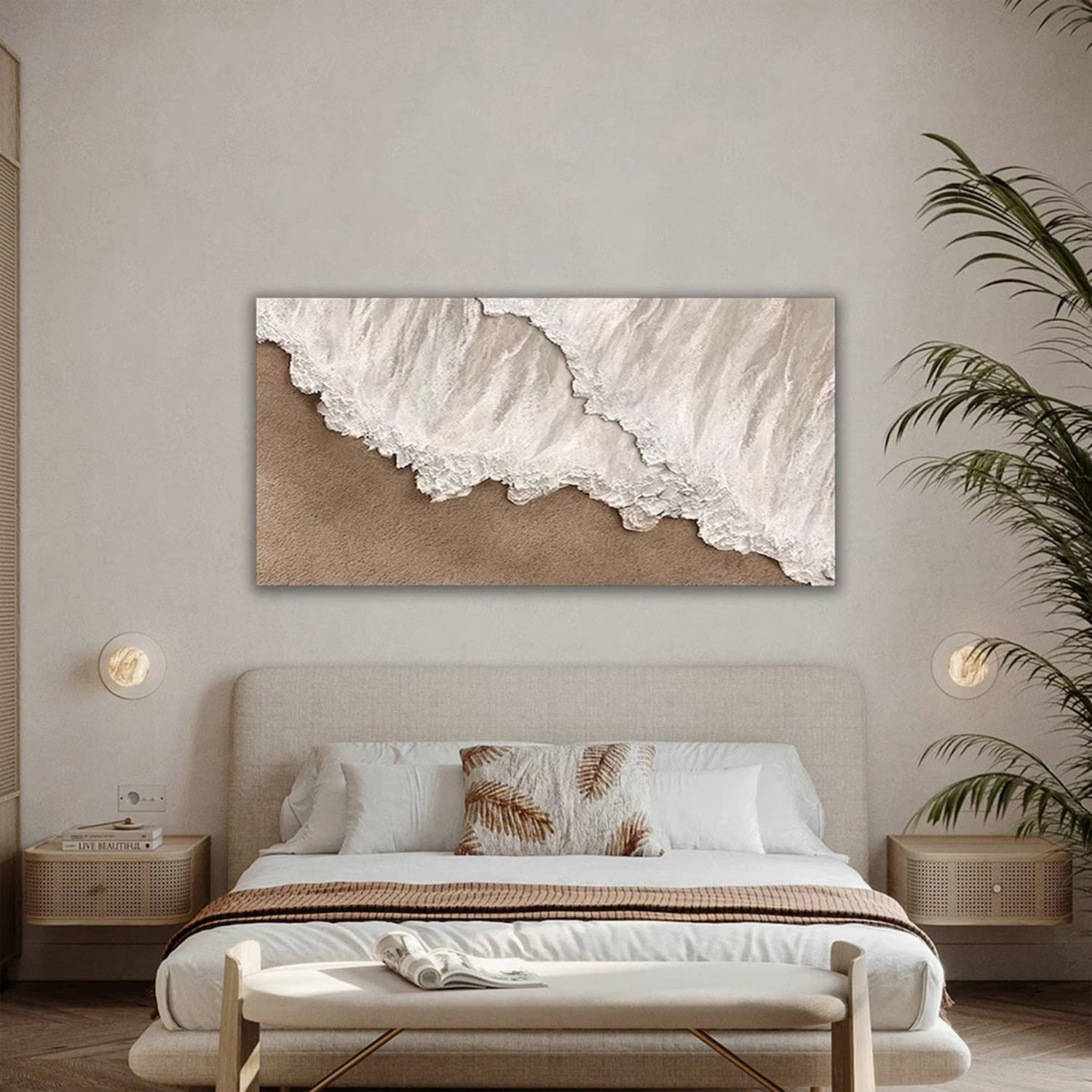 Large Horizontal Beige White Textured Beach Abstract - Modern Wall Art #JJ 174