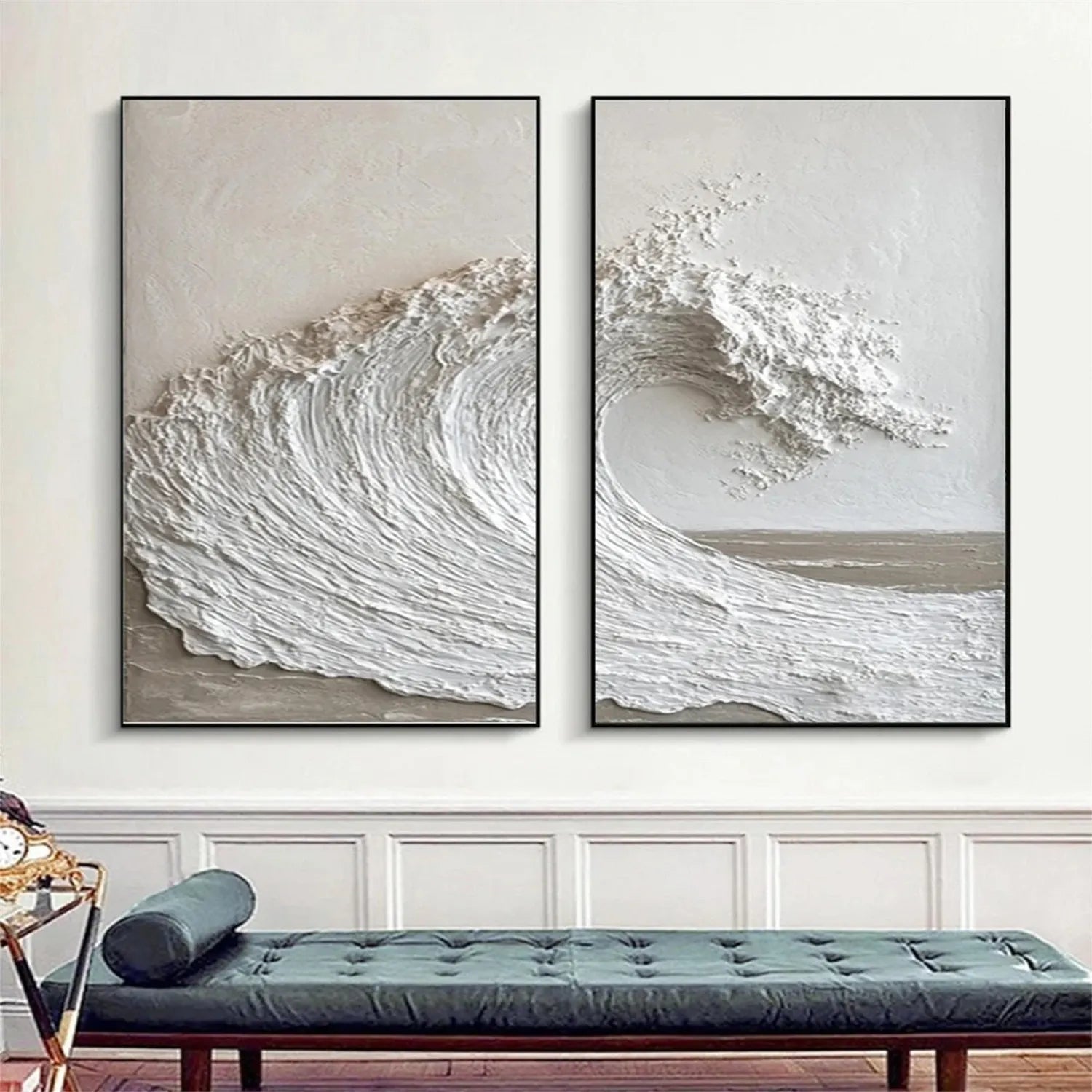 Large Textured Wave Wall Art Set of 2 White 3D Ocean Canvas #ZZ 086
