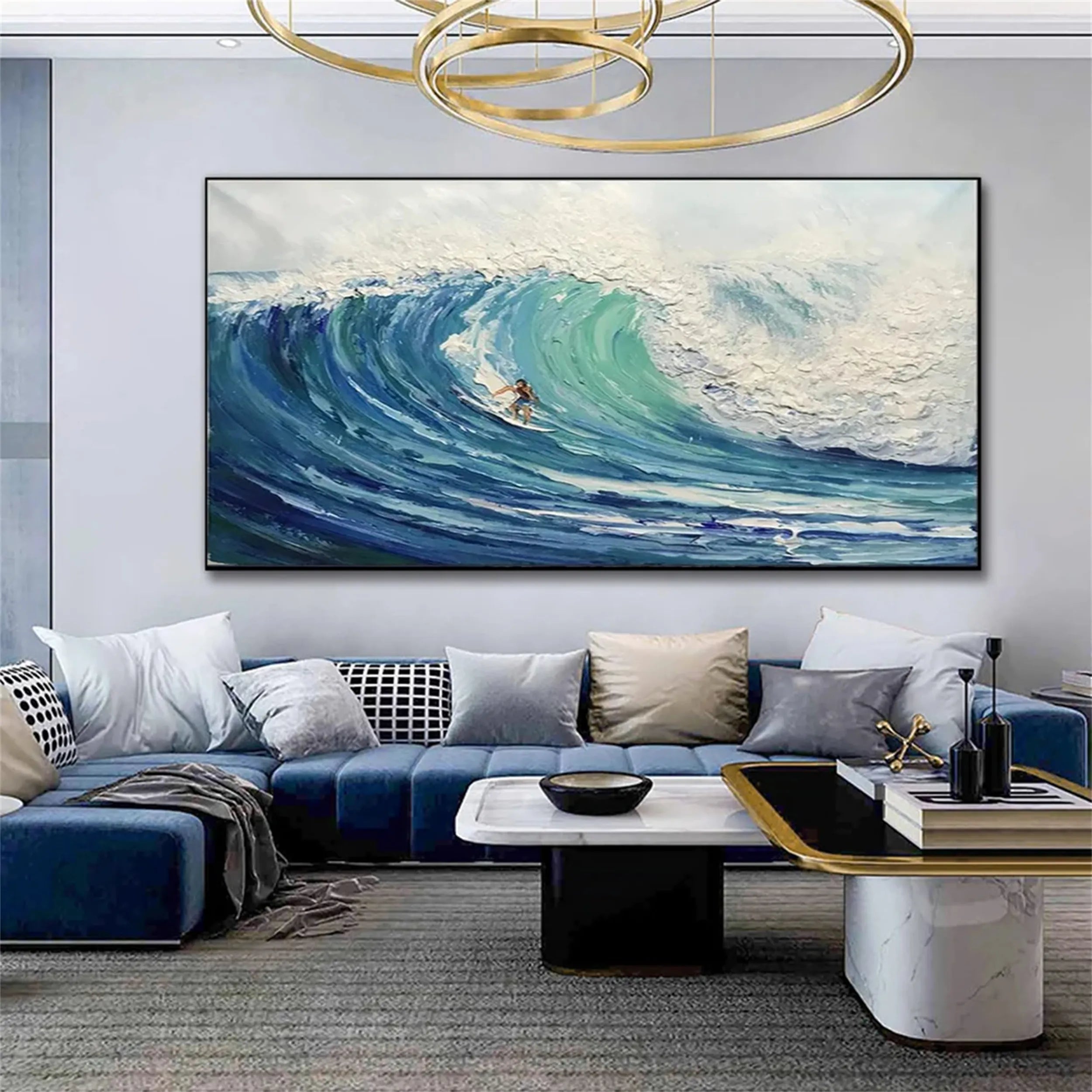 Summer Blue Ocean Surfing Textured Abstract Canvas Painting #JJ 244