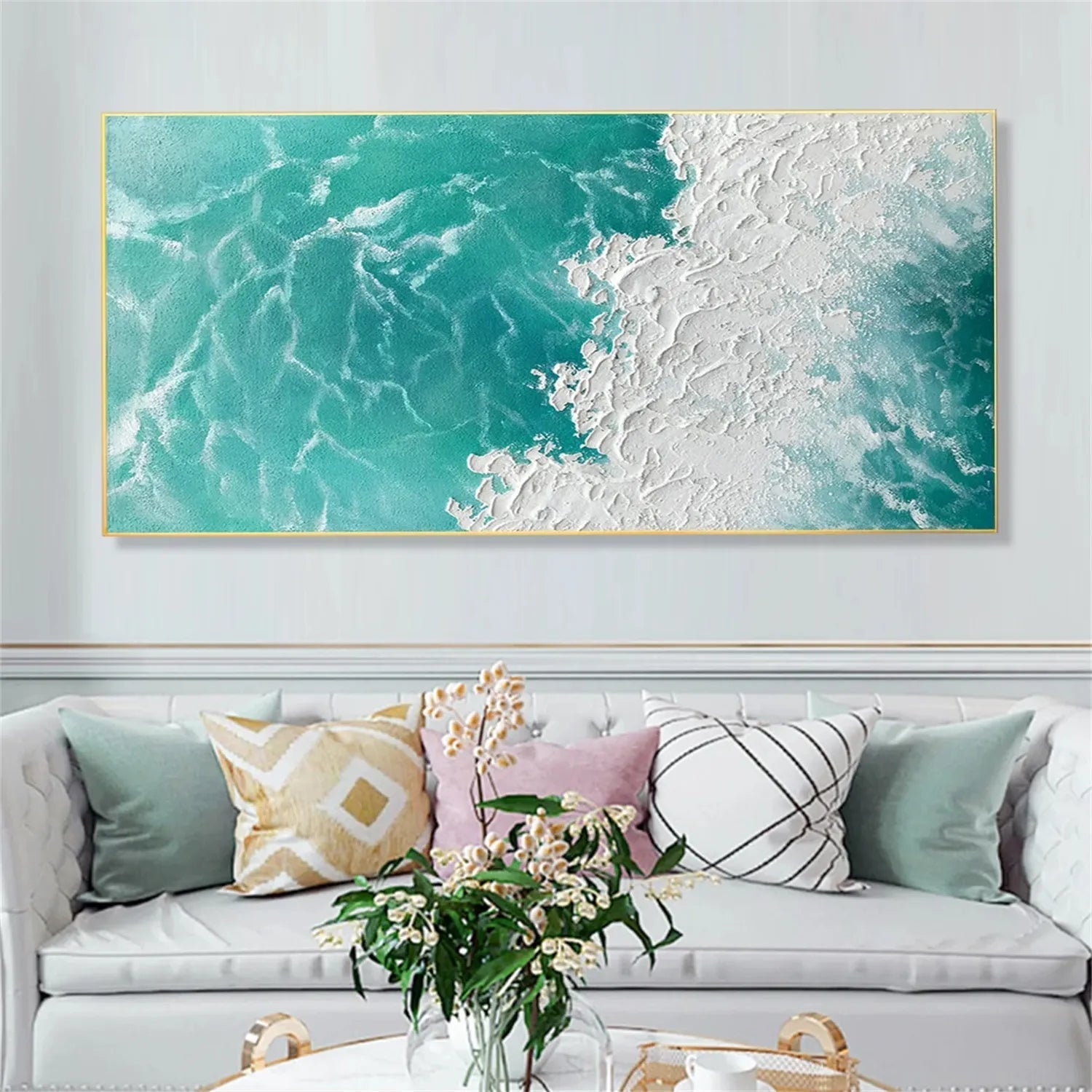 Textured Seascape Painting - Modern Blue Beige Wall Art #JJ 191