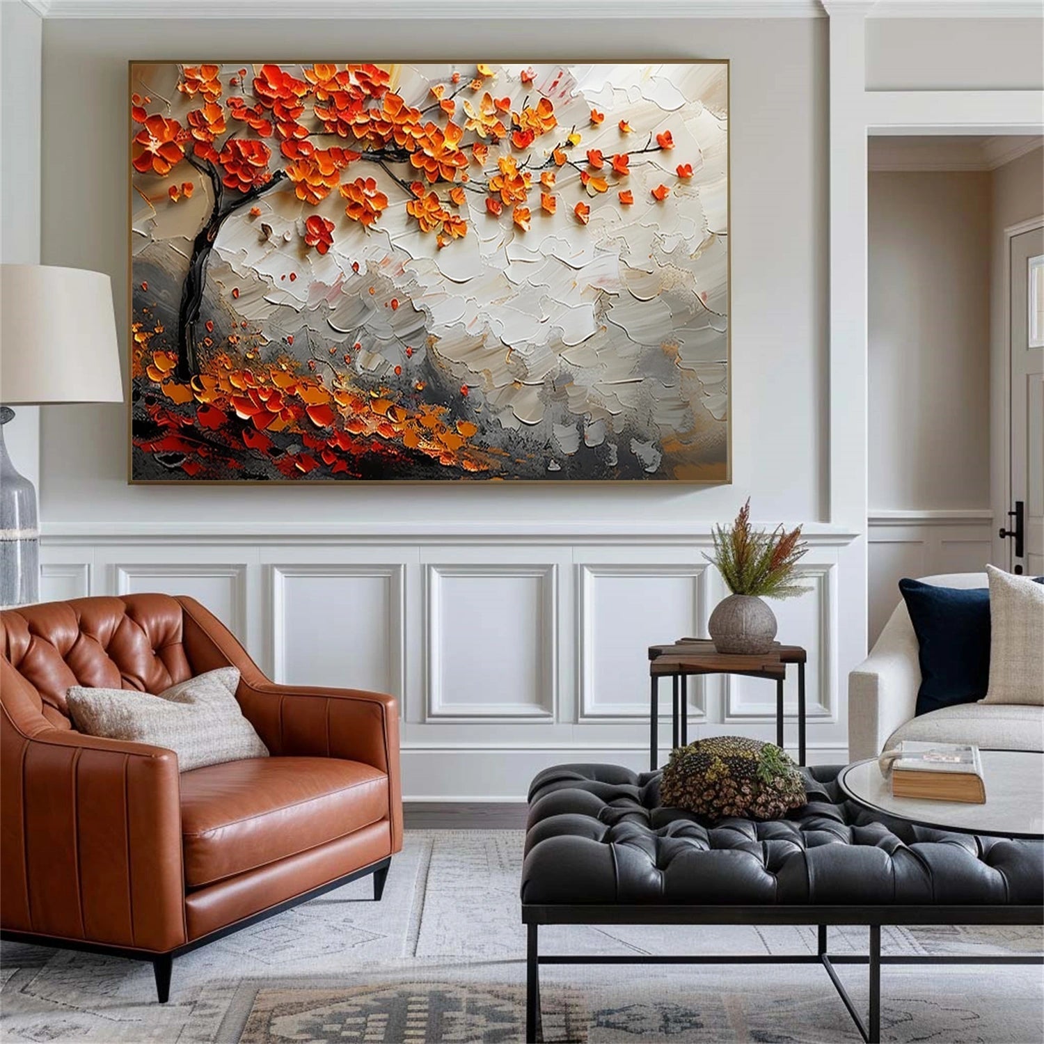 Large Abstract Orange Foliage | Textured Tree Oil Painting #JJ 302