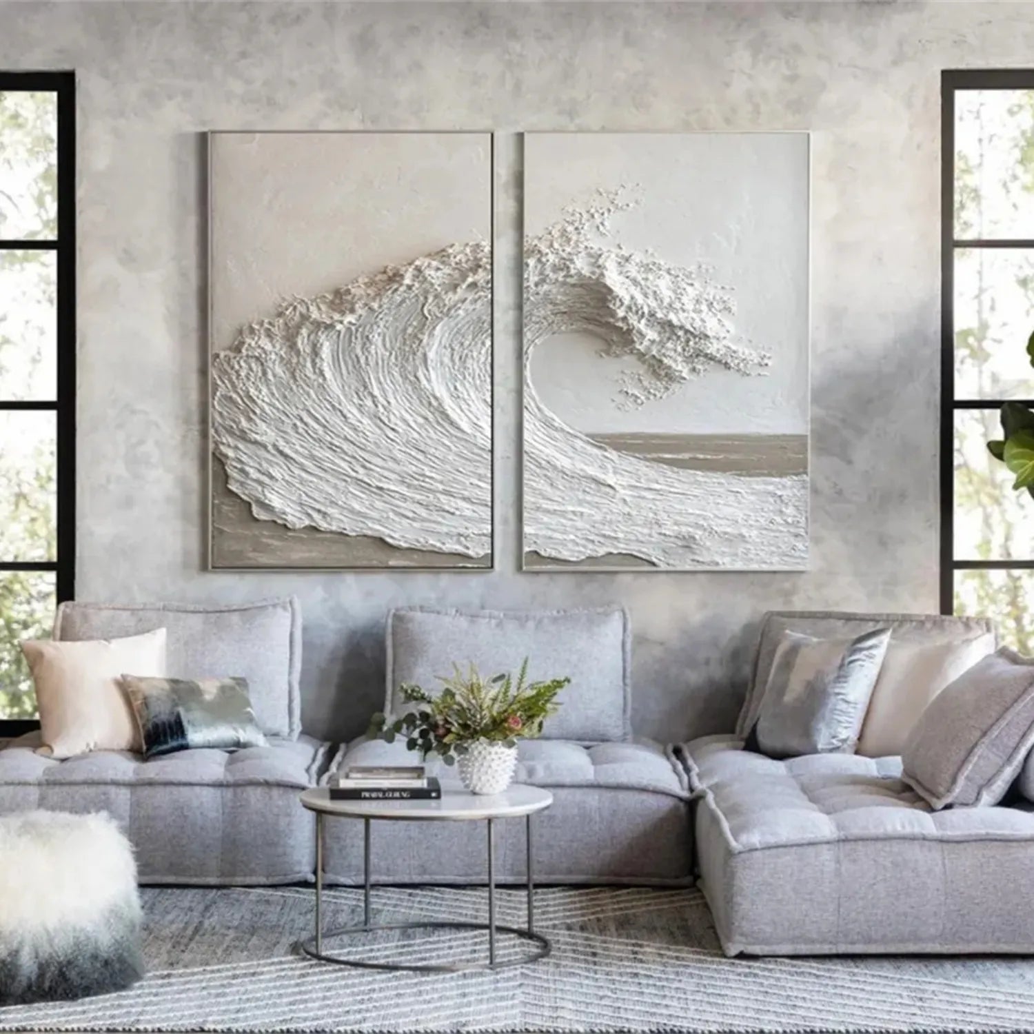 Large Textured Wave Wall Art Set of 2 White 3D Ocean Canvas #ZZ 086