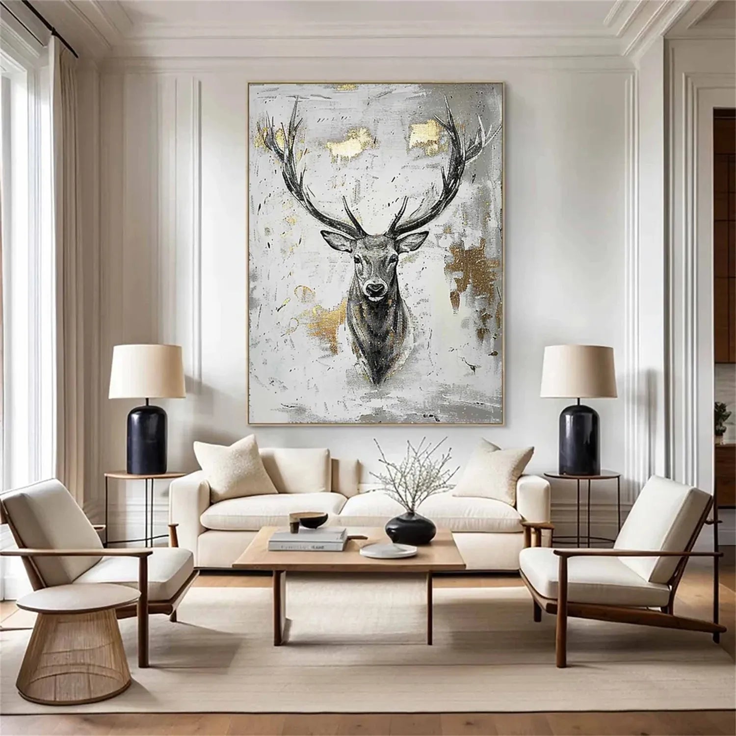 Stag Wall Art | Large Deer Painting Gold Accent Canvas #ZZ 211