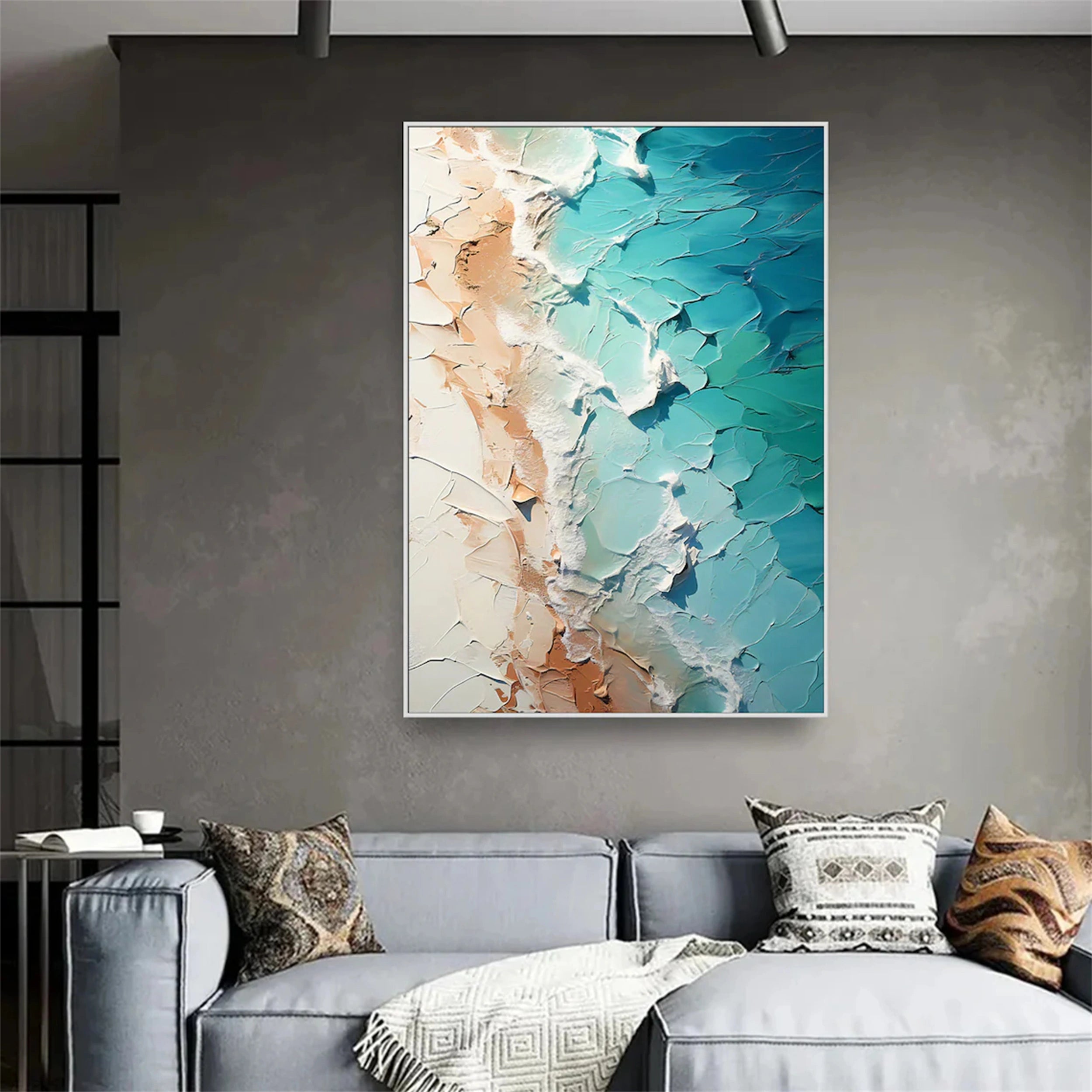 Textured Wall Art Handmade Teal Ocean Beige Sand Abstract #JJ 224