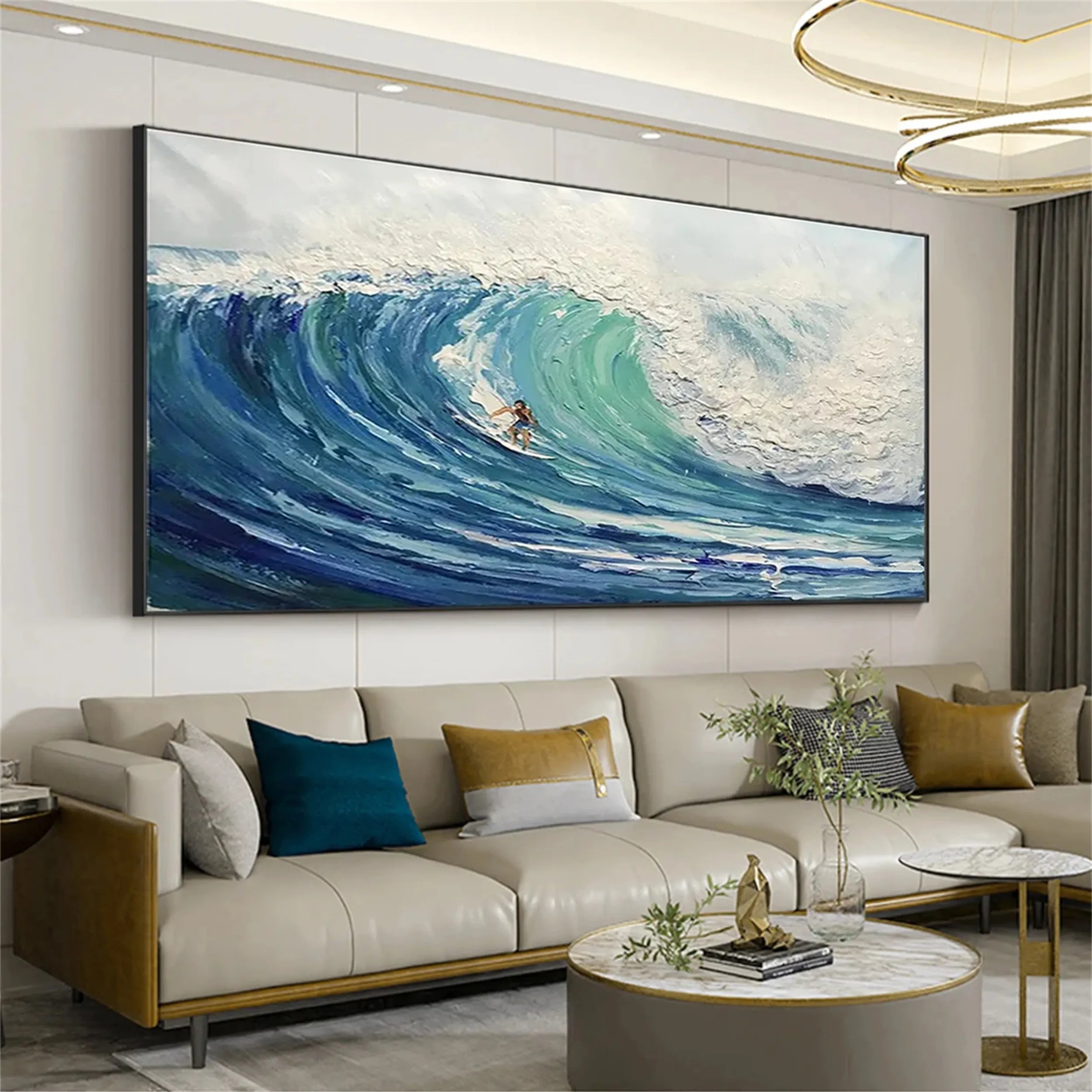 Summer Blue Ocean Surfing Textured Abstract Canvas Painting #JJ 244