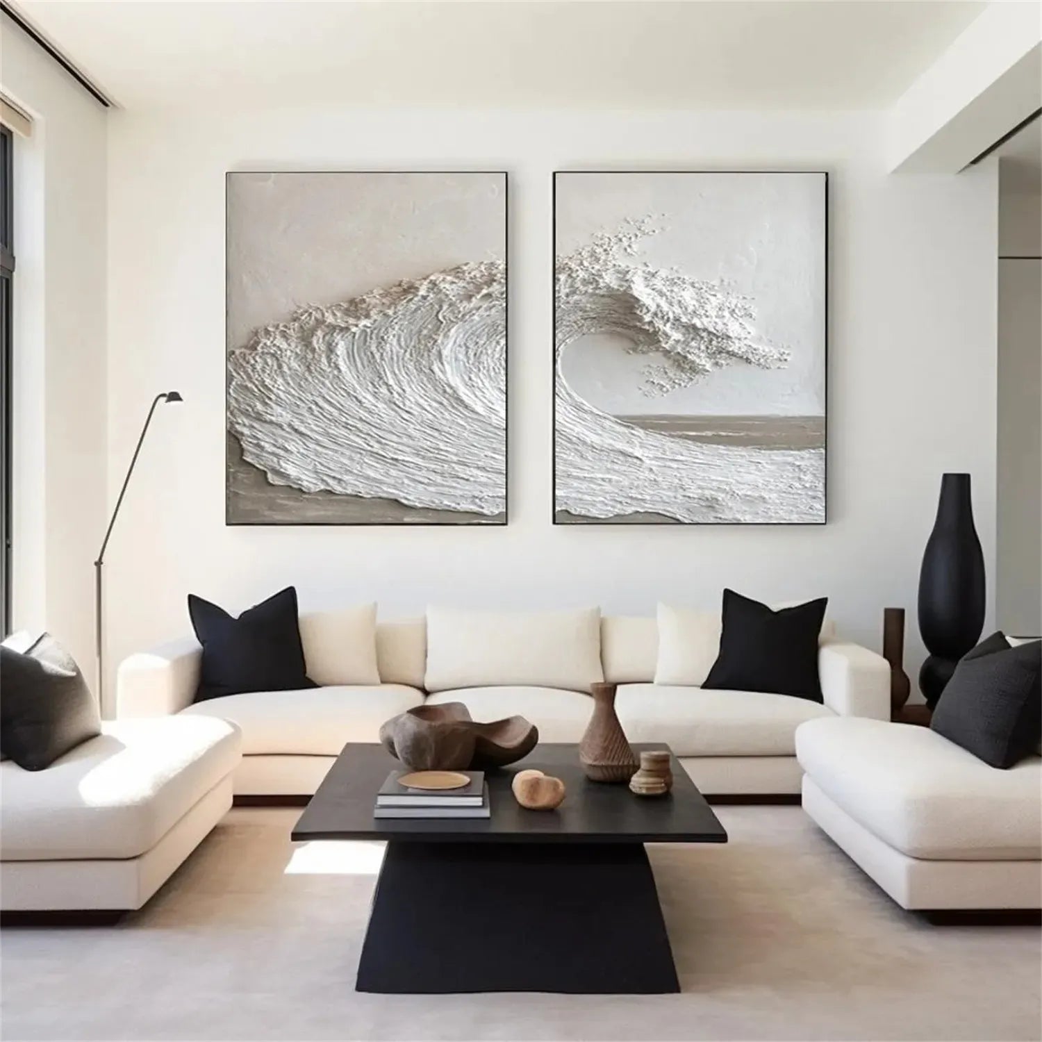 Large Textured Wave Wall Art Set of 2 White 3D Ocean Canvas #ZZ 086