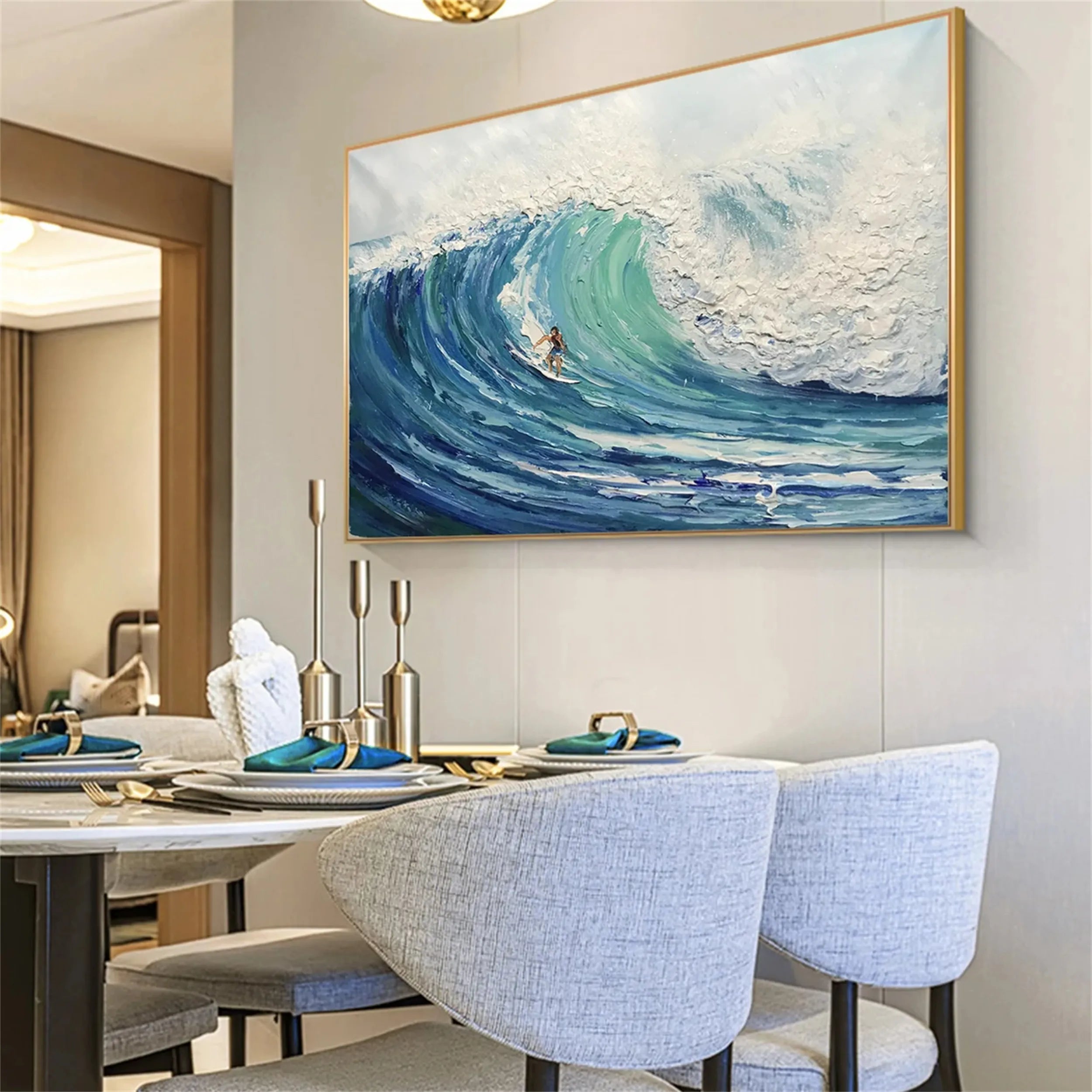 Summer Blue Ocean Surfing Textured Abstract Canvas Painting #JJ 244