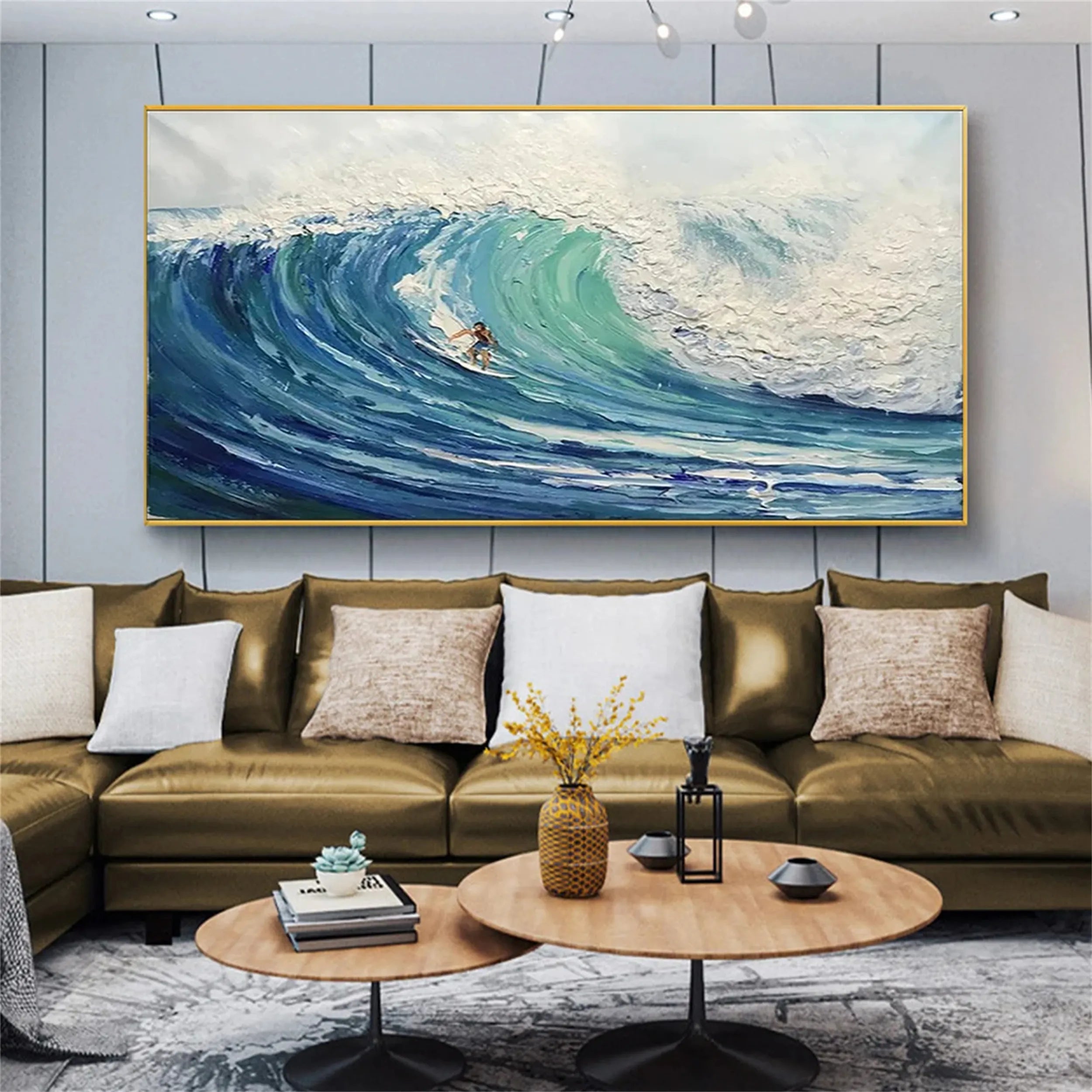 Summer Blue Ocean Surfing Textured Abstract Canvas Painting #JJ 244