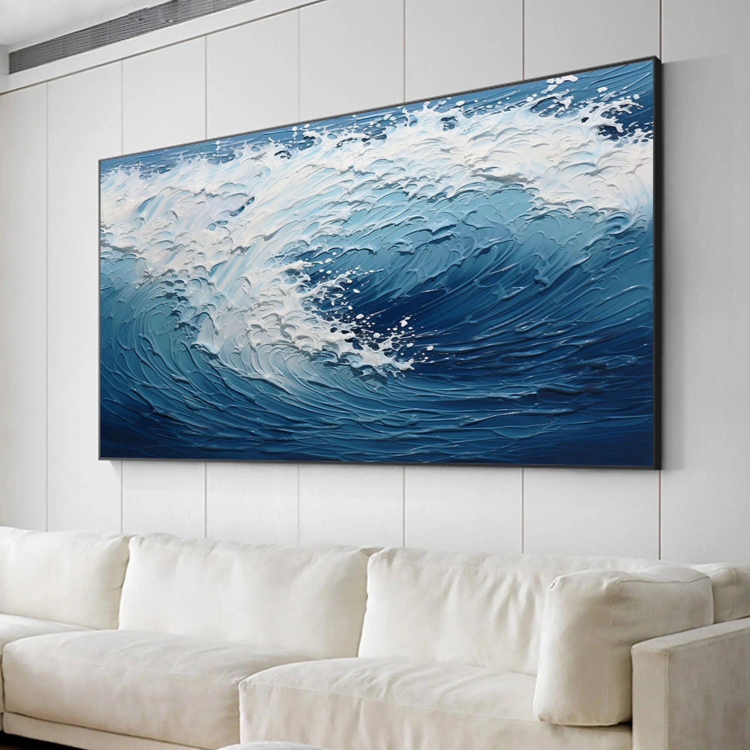 Large Horizontal Wave Abstract - Blue and White Textured Ocean Oil Painting #JJ 164