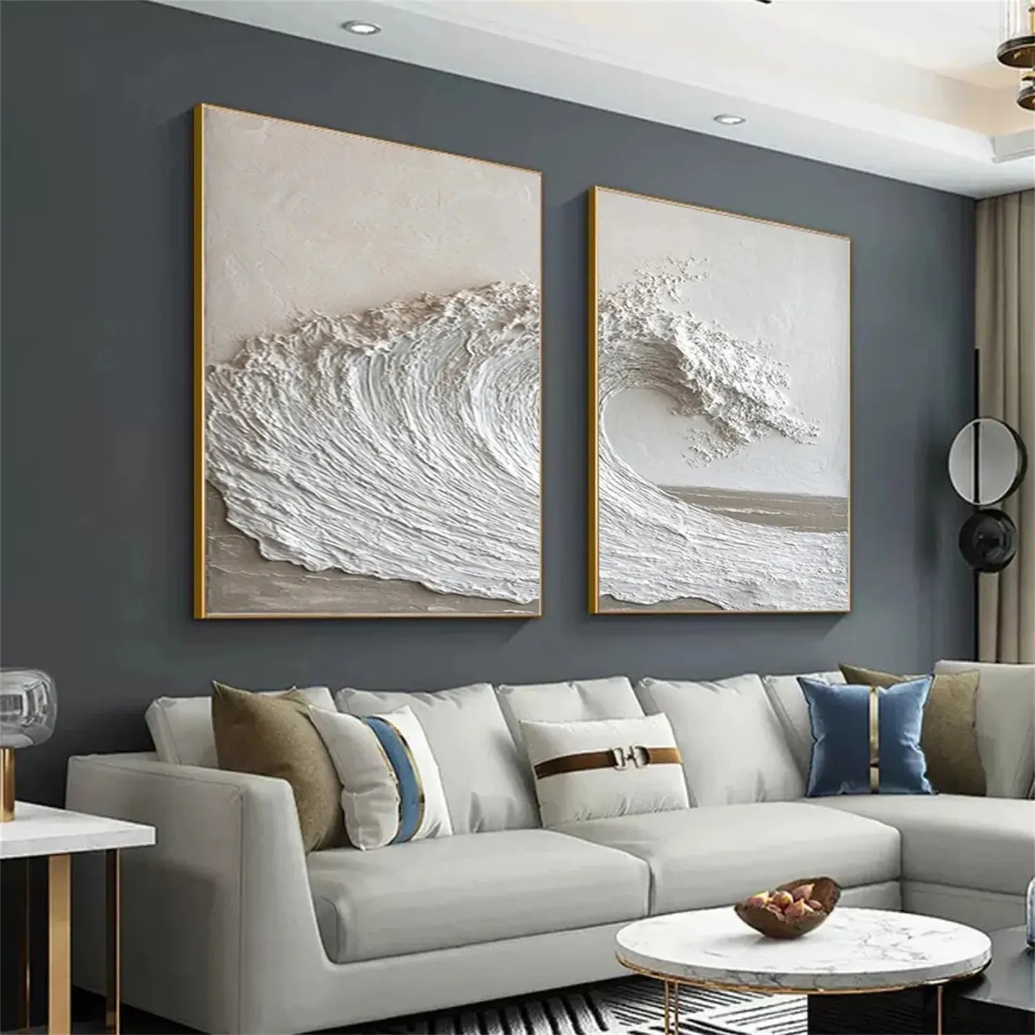 Large Textured Wave Wall Art Set of 2 White 3D Ocean Canvas #ZZ 086