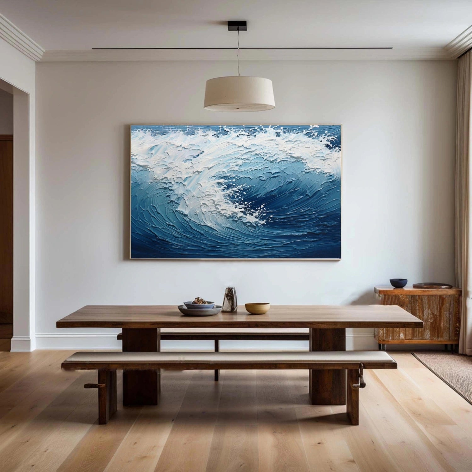 Large Horizontal Wave Abstract - Blue and White Textured Ocean Oil Painting #JJ 164