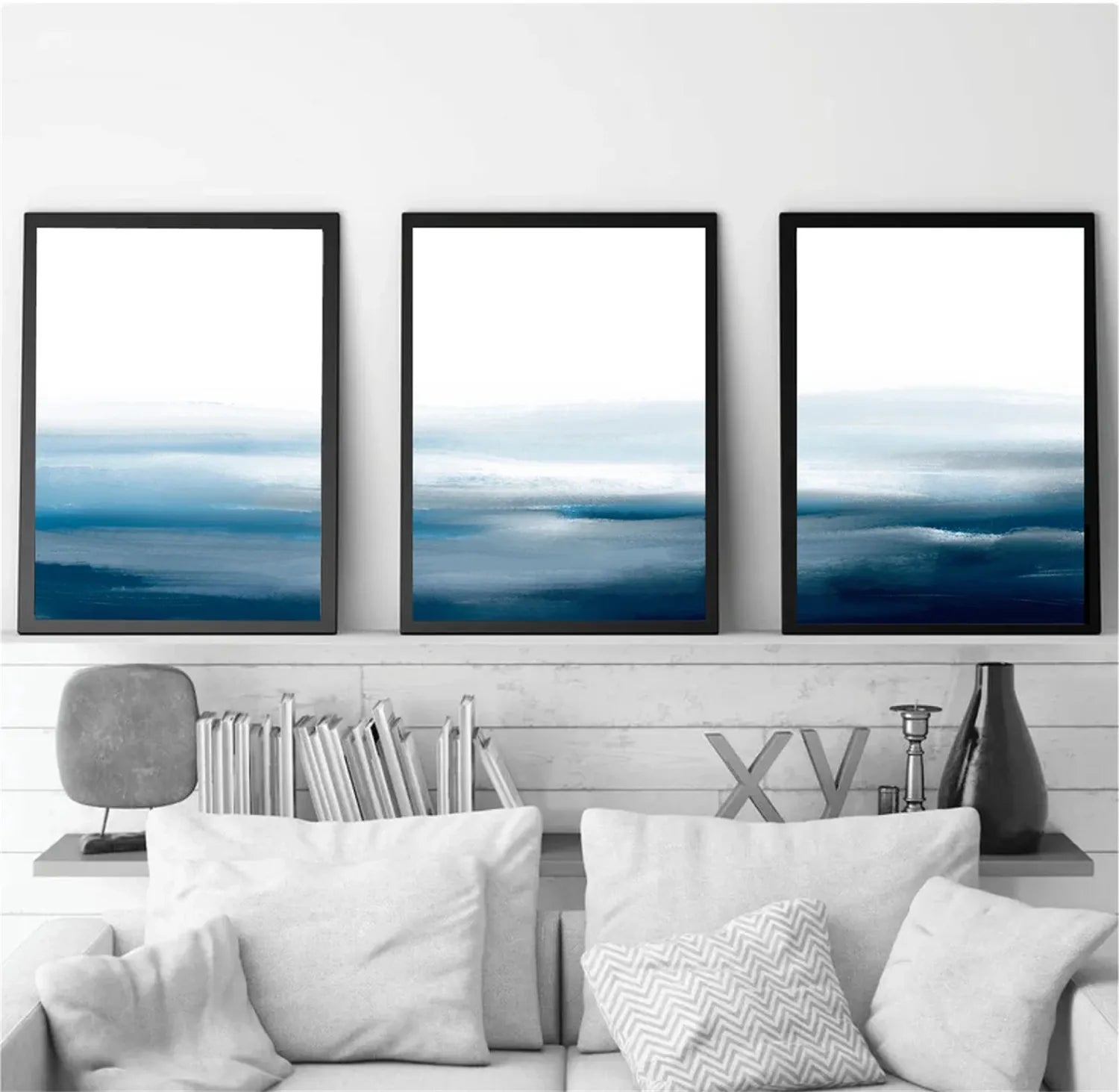 Blue & White Minimalist Ocean Abstract  Wall Art #JJ 204