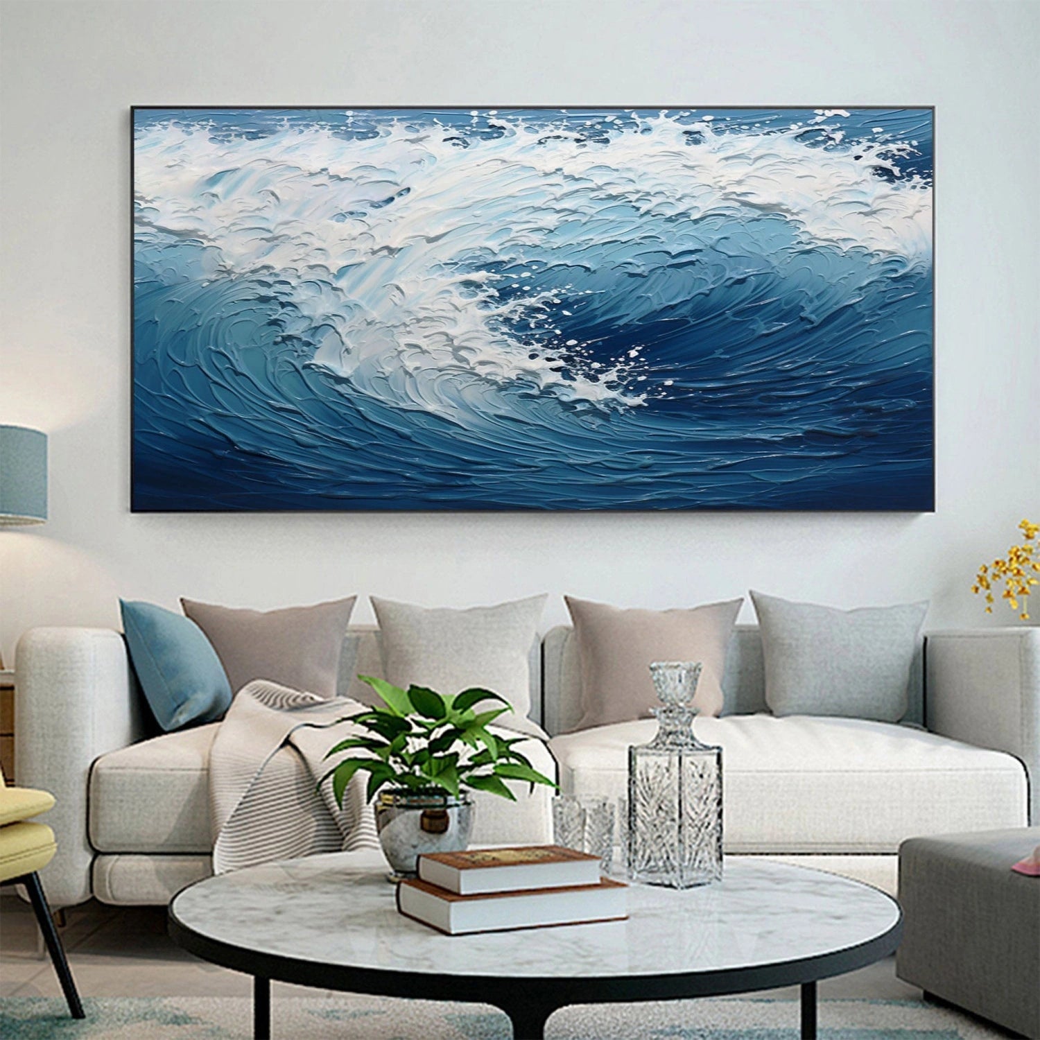Large Horizontal Wave Abstract - Blue and White Textured Ocean Oil Painting #JJ 164
