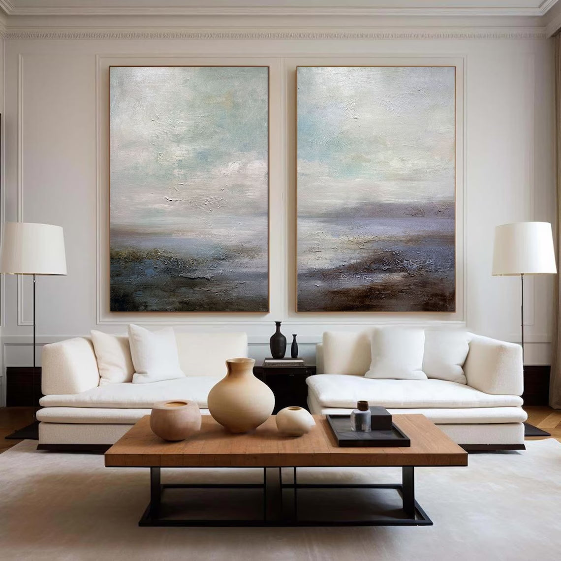 Abstract Landscape Diptych: Muted Coastal Art Set of 2 #ZZ 049