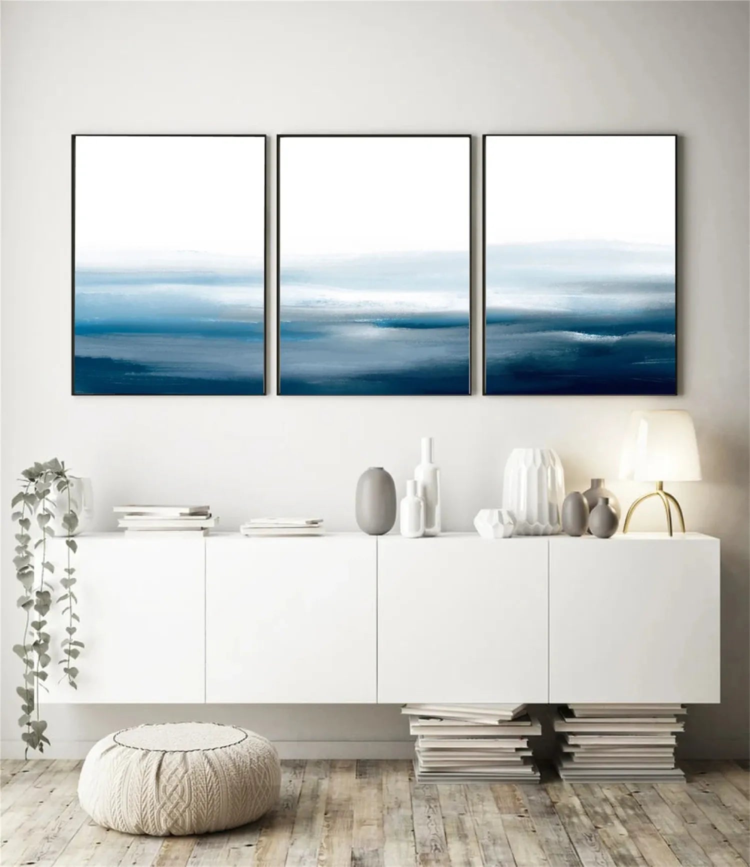 Blue & White Minimalist Ocean Abstract  Wall Art #JJ 204
