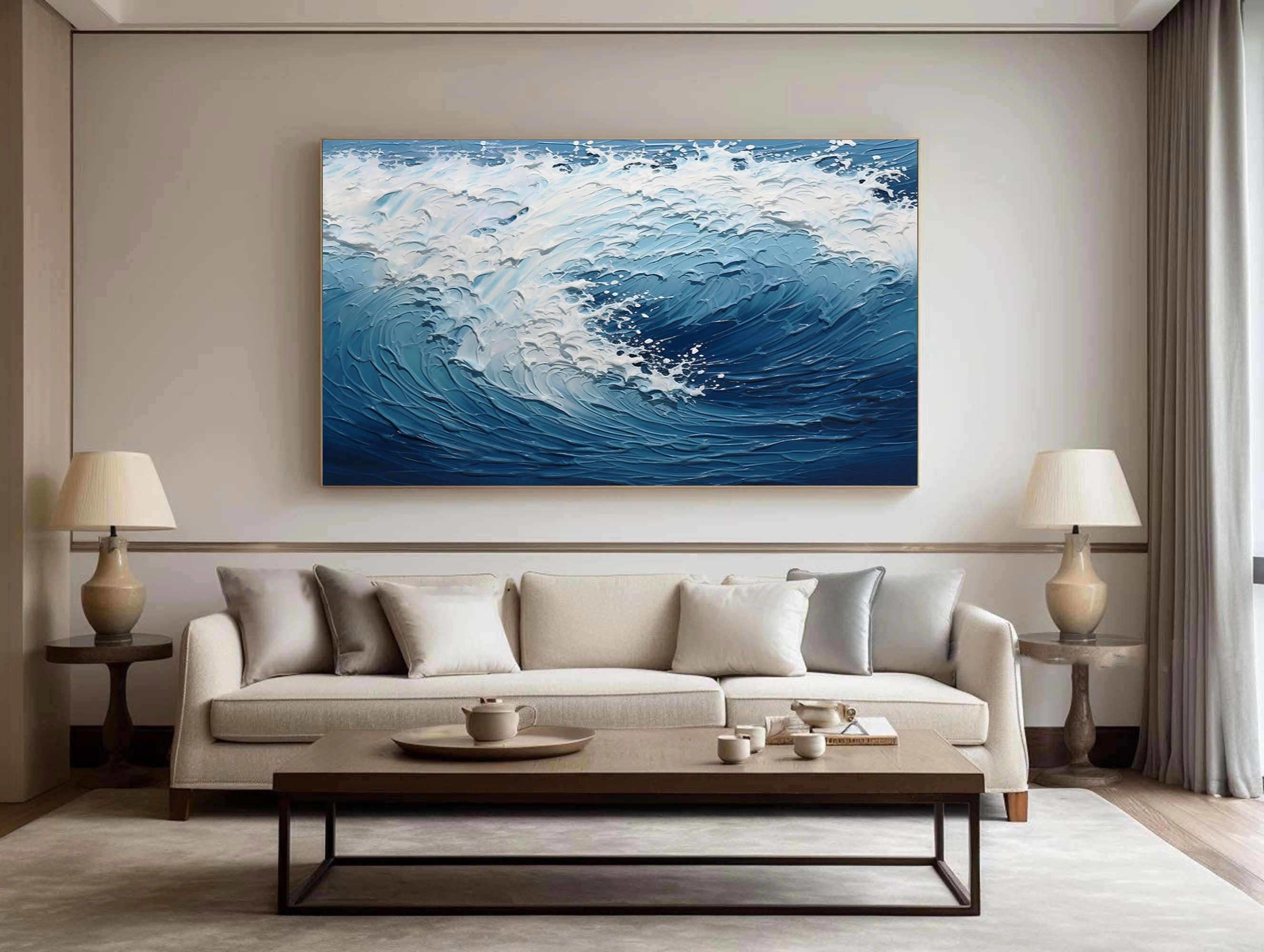 Large Horizontal Wave Abstract - Blue and White Textured Ocean Oil Painting #JJ 164