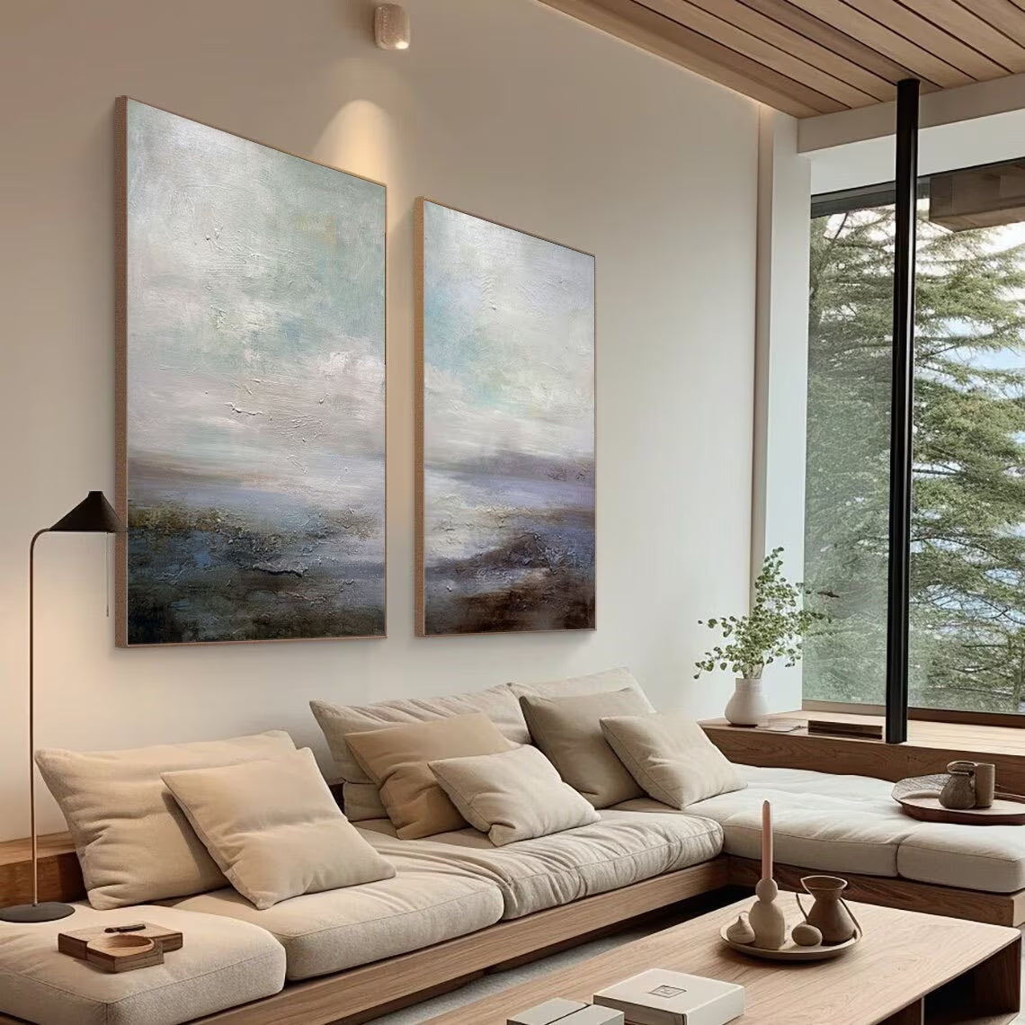 Abstract Landscape Diptych: Muted Coastal Art Set of 2 #ZZ 049