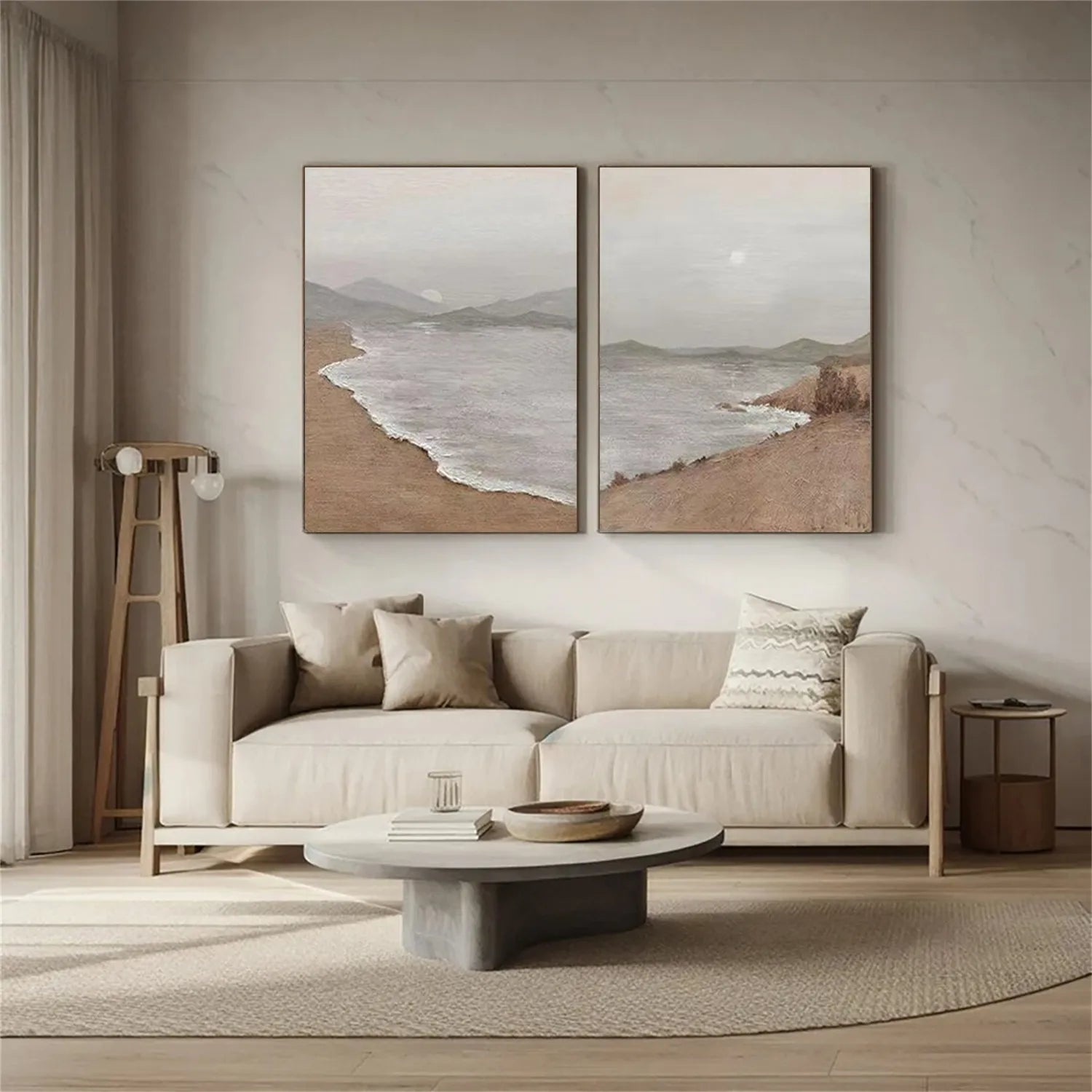 Large Neutral Abstract Wall Art Vertical Coastal Landscape Set of 2 #ZZ 084