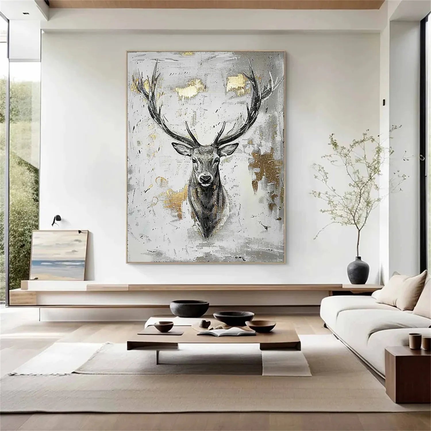 Stag Wall Art | Large Deer Painting Gold Accent Canvas #ZZ 211