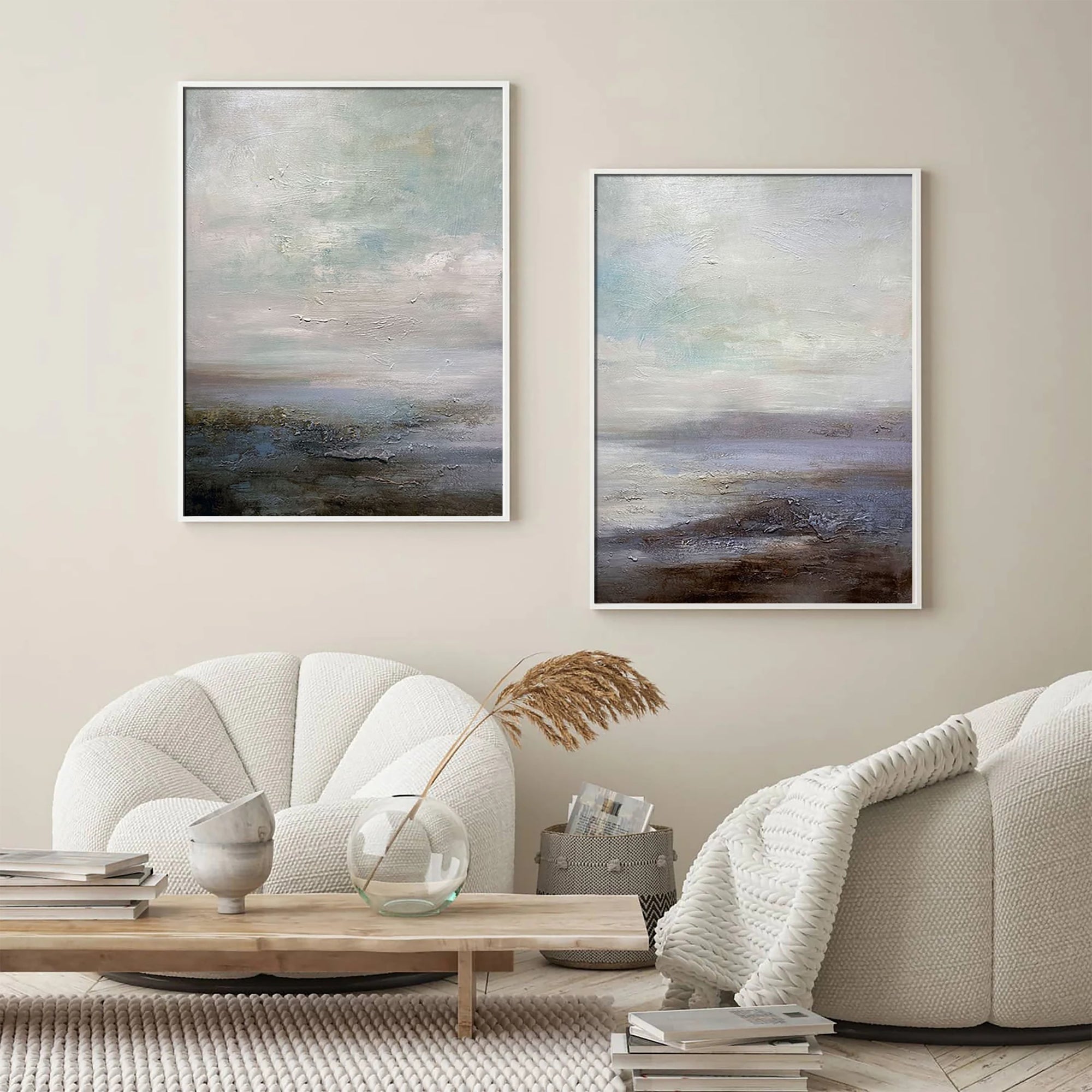 Abstract Landscape Diptych: Muted Coastal Art Set of 2 #ZZ 049