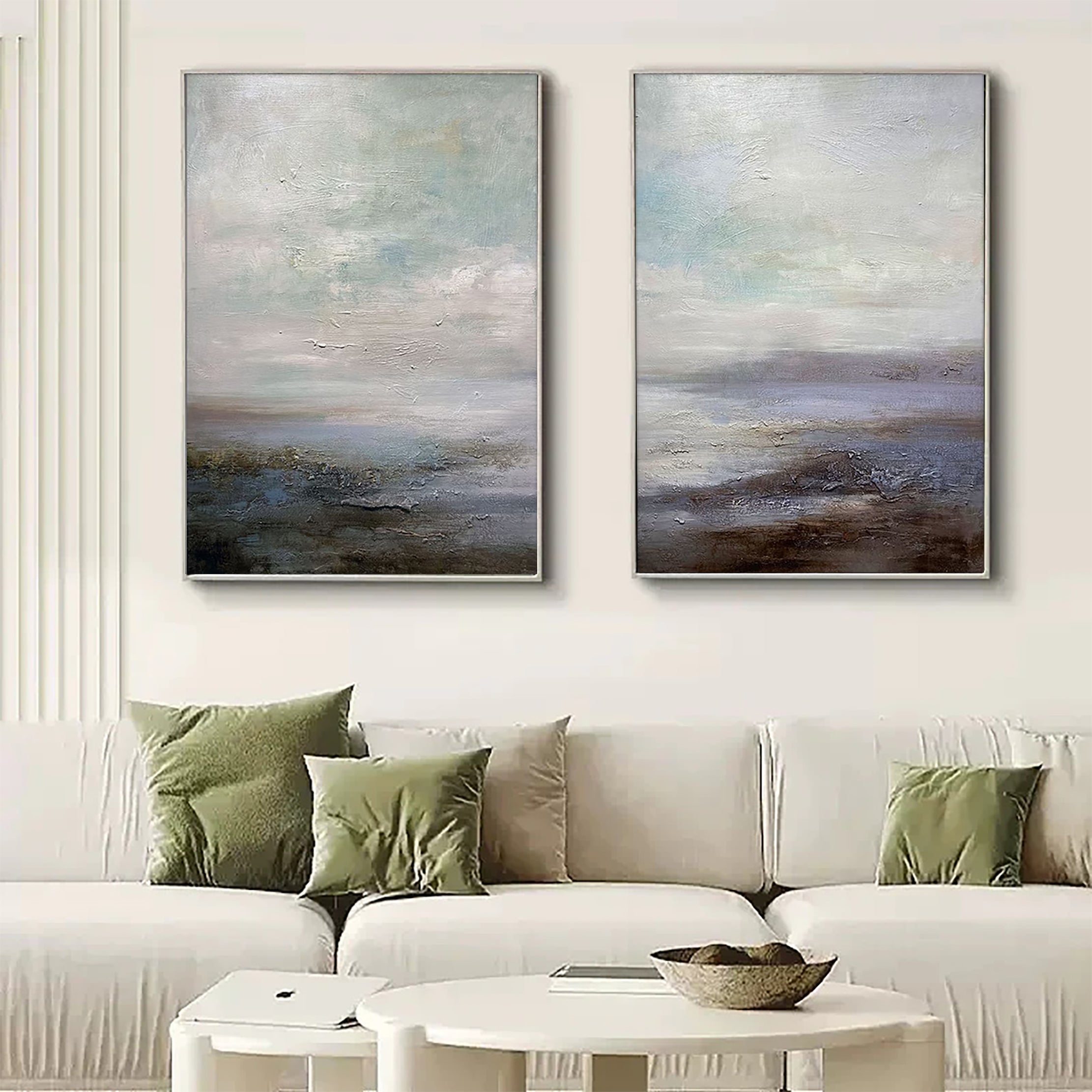 Abstract Landscape Diptych: Muted Coastal Art Set of 2 #ZZ 049