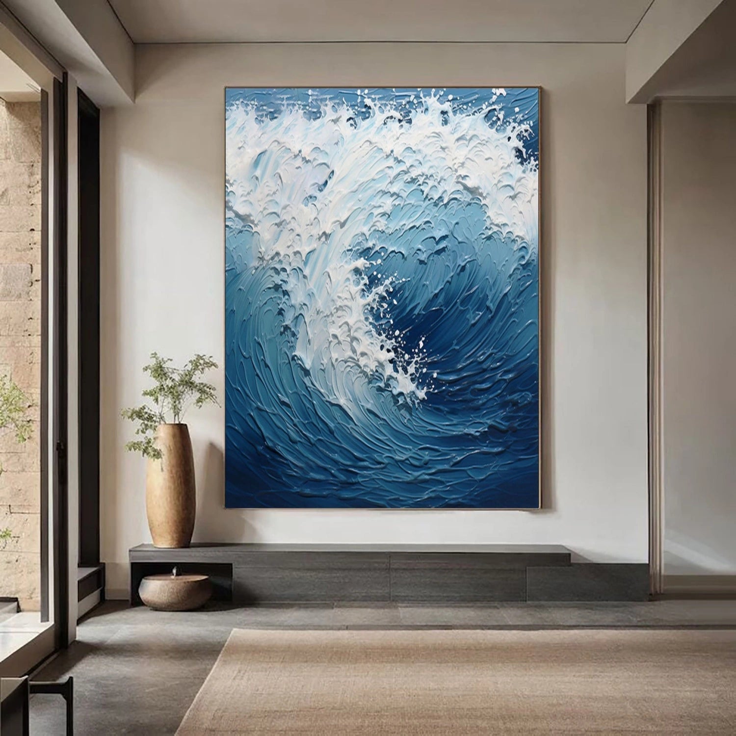 Dynamic Ocean Wave Textured Abstract - Blue and White Modern Oil Painting #JJ 117