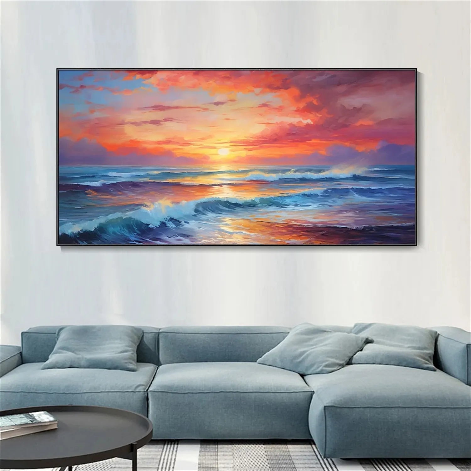 Vibrant Ocean Sunset Wall Art | Extra Large Wave Canvas Painting #ZZ 058
