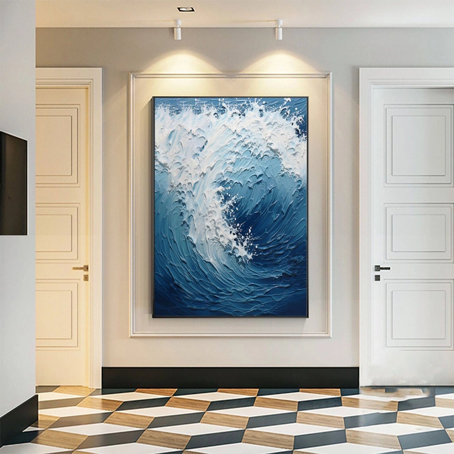 Dynamic Ocean Wave Textured Abstract - Blue and White Modern Oil Painting #JJ 117