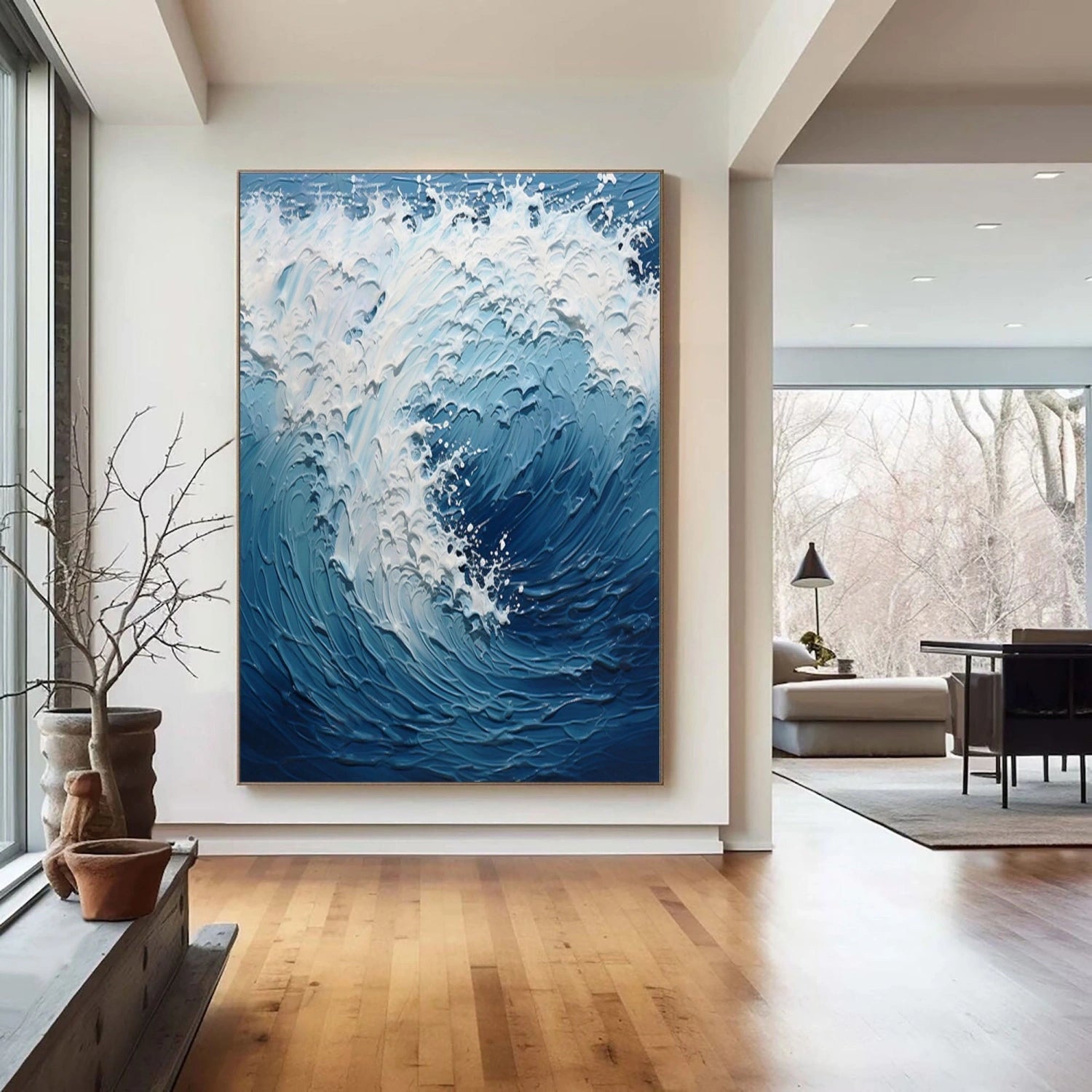 Dynamic Ocean Wave Textured Abstract - Blue and White Modern Oil Painting #JJ 117