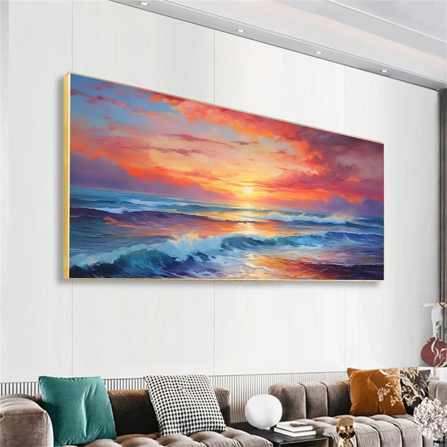 Vibrant Ocean Sunset Wall Art | Extra Large Wave Canvas Painting #ZZ 058