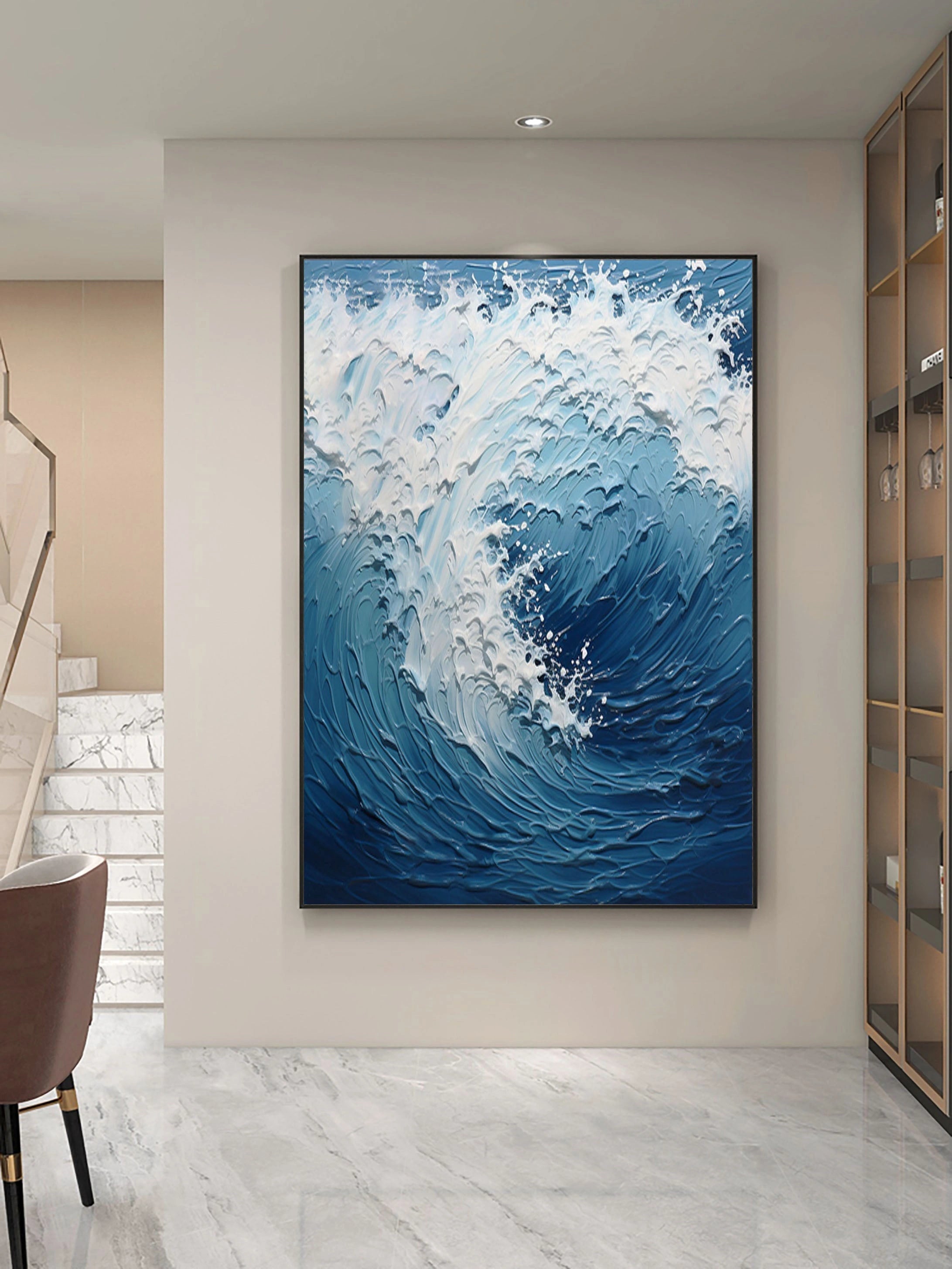 Dynamic Ocean Wave Textured Abstract - Blue and White Modern Oil Painting #JJ 117
