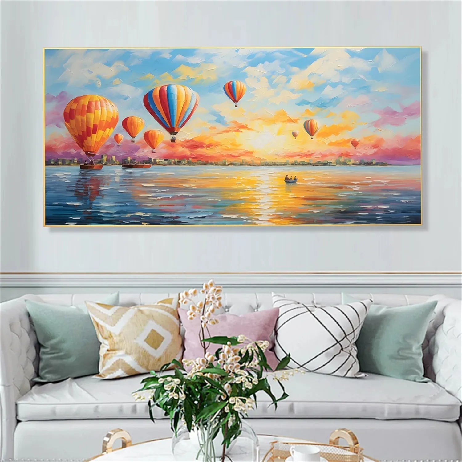 Colorful Hot Air Balloon Sunrise Seascape Oil Painting #JJ 193