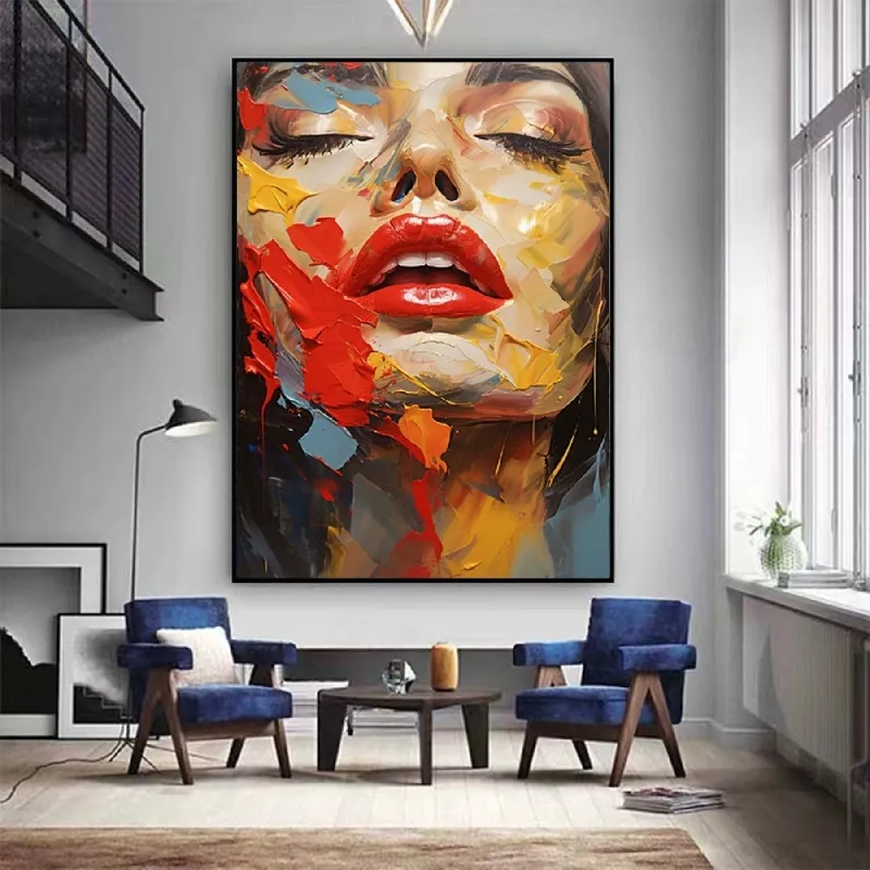 Abstract Woman Face Wall Art | Large Vertical Colorful Portrait Painting #ZZ 200