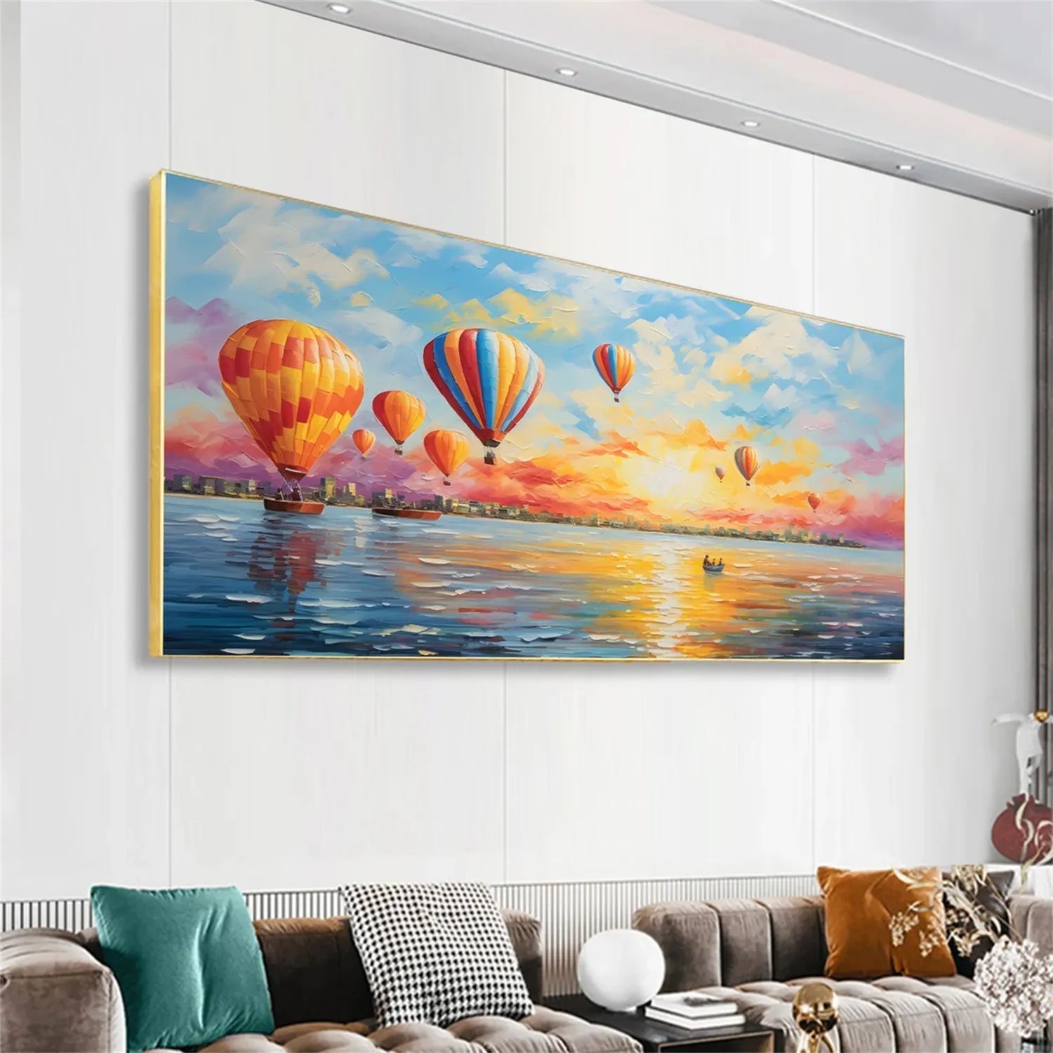 Colorful Hot Air Balloon Sunrise Seascape Oil Painting #JJ 193