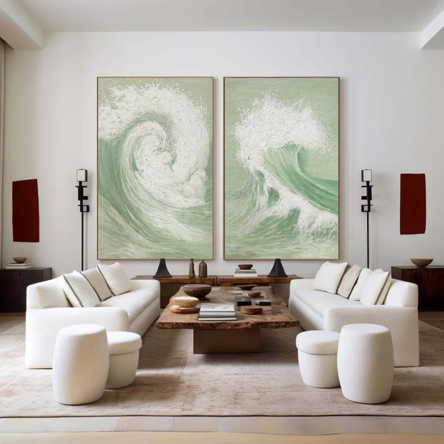 Green & White Wave Art Set - Textured Coastal Paintings #JJ 194
