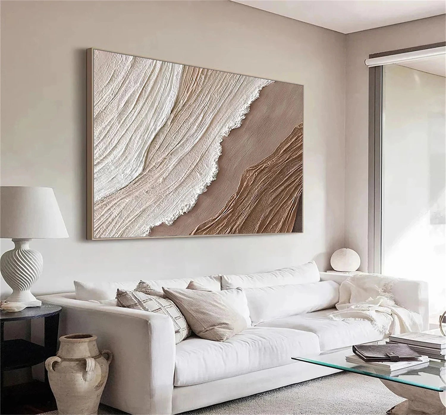 Oversized Neutral Canvas Wall Art Textured Ocean Panels #ZZ 062
