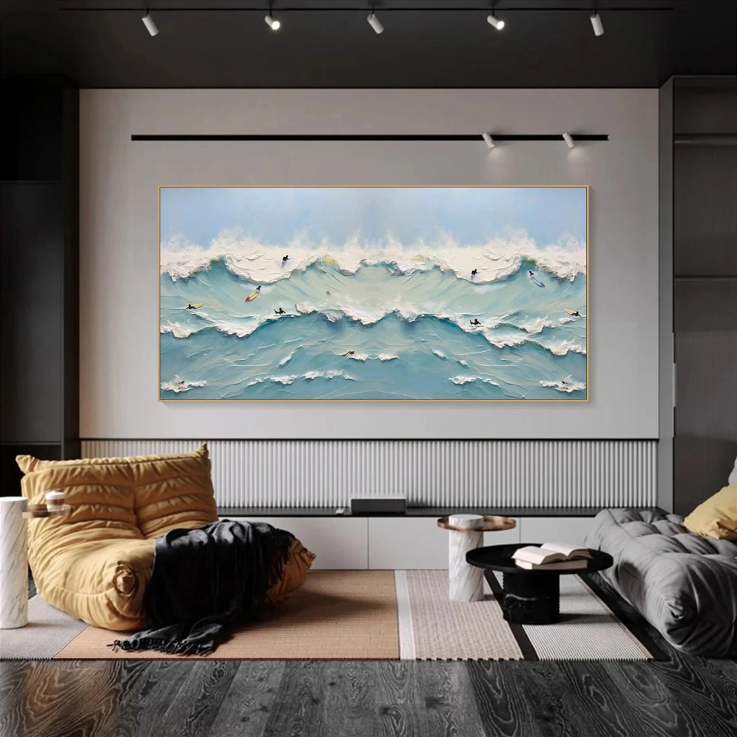 Surfer's Horizon – Textured Ocean Wave Painting Home Decor #JJ 247
