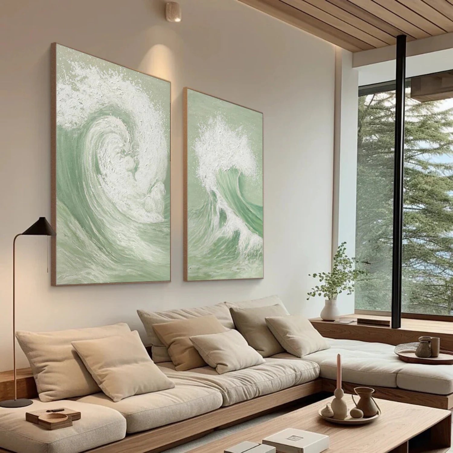 Green & White Wave Art Set - Textured Coastal Paintings #JJ 194
