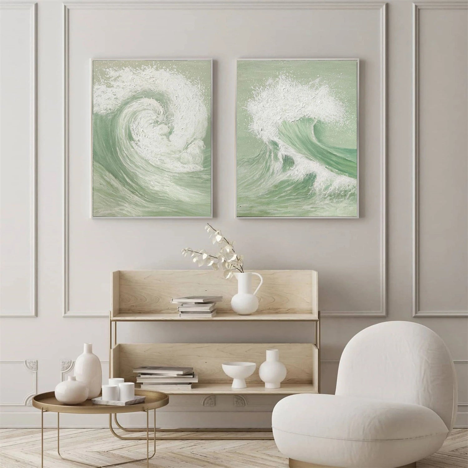 Green & White Wave Art Set - Textured Coastal Paintings #JJ 194