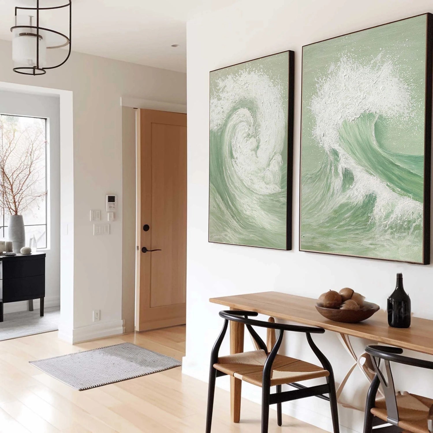 Green & White Wave Art Set - Textured Coastal Paintings #JJ 194