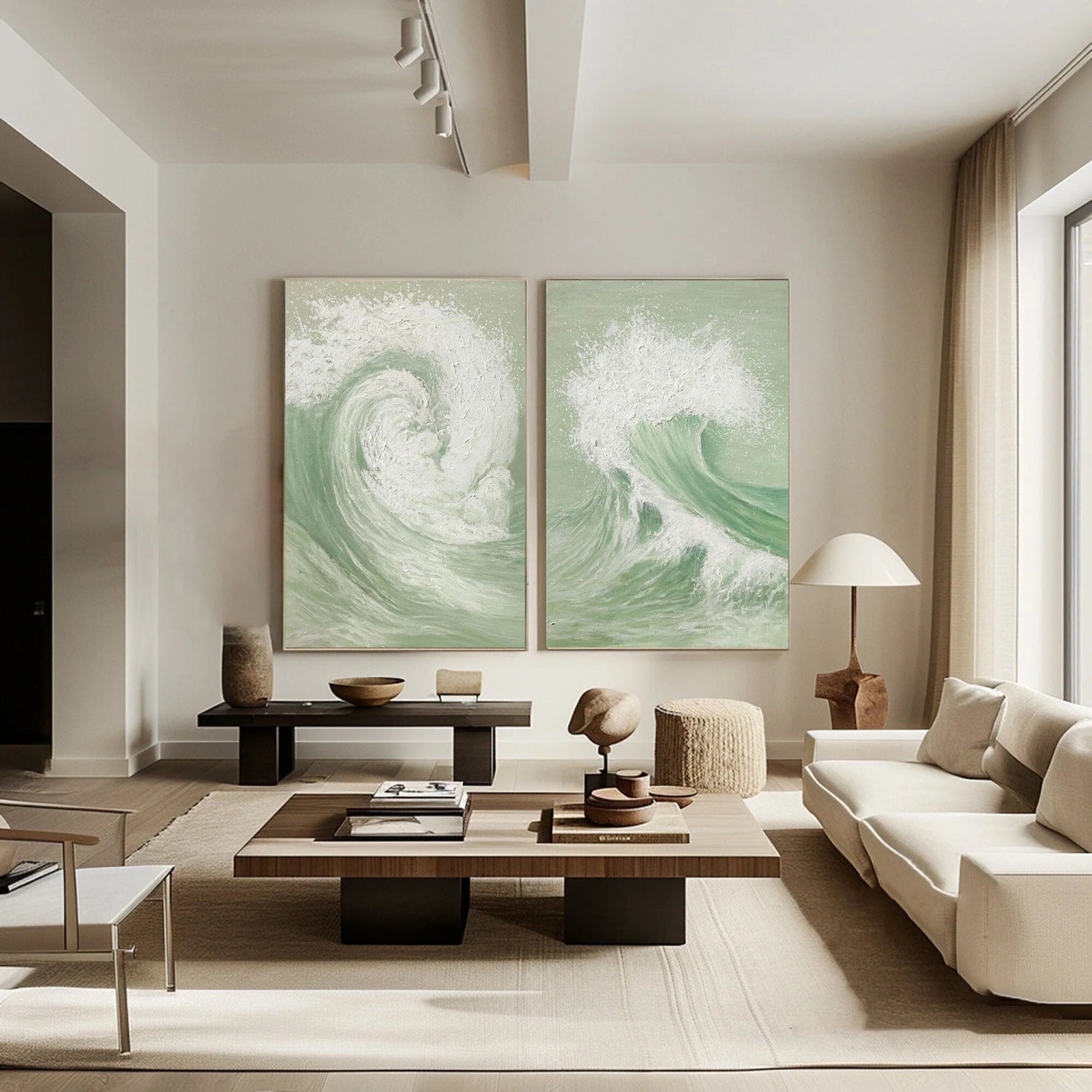 Green & White Wave Art Set - Textured Coastal Paintings #JJ 194