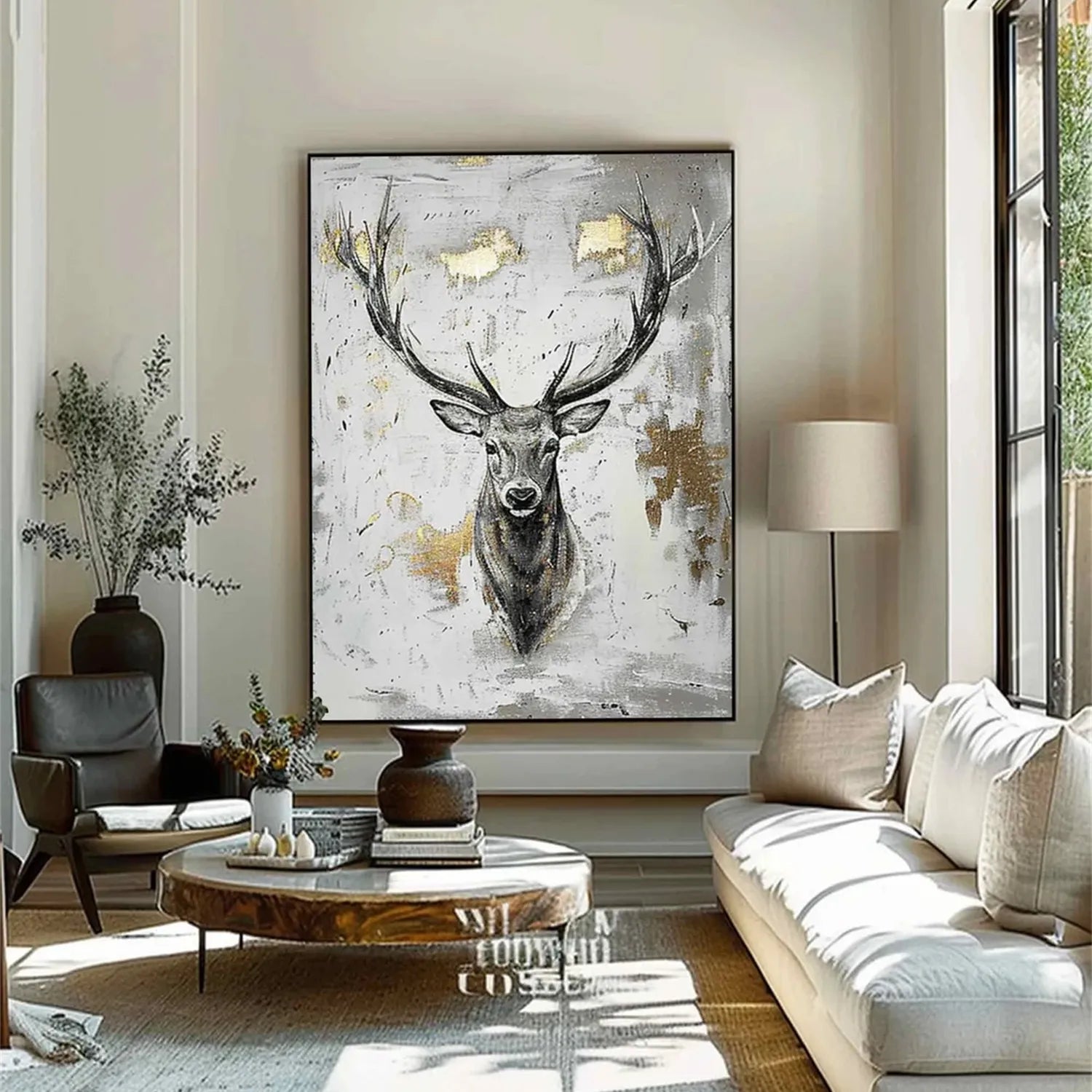 Stag Wall Art | Large Deer Painting Gold Accent Canvas #ZZ 211