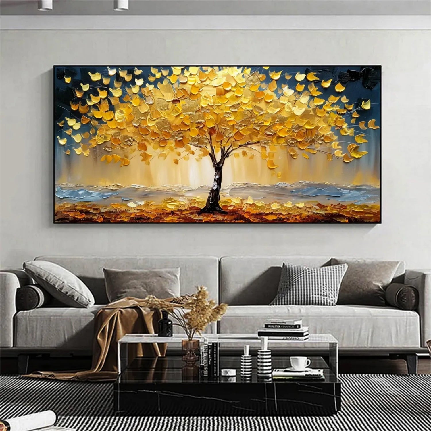 Textured Golden Leaf Tree Painting | Hand-Painted Art#JJ 317