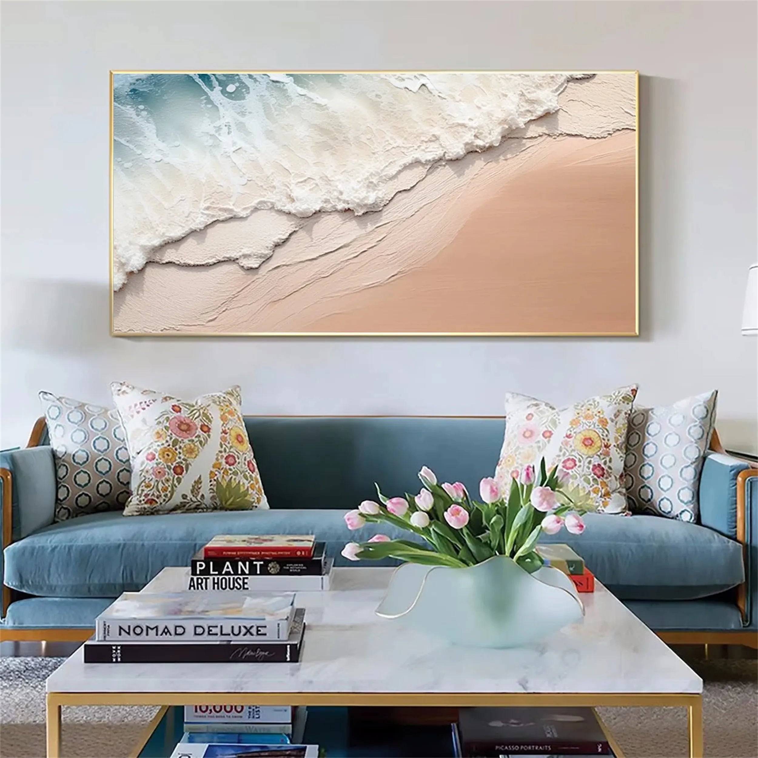 Large Textured Beach Wall Art | Abstract Ocean Wave & Sand Canvas #ZZ 076