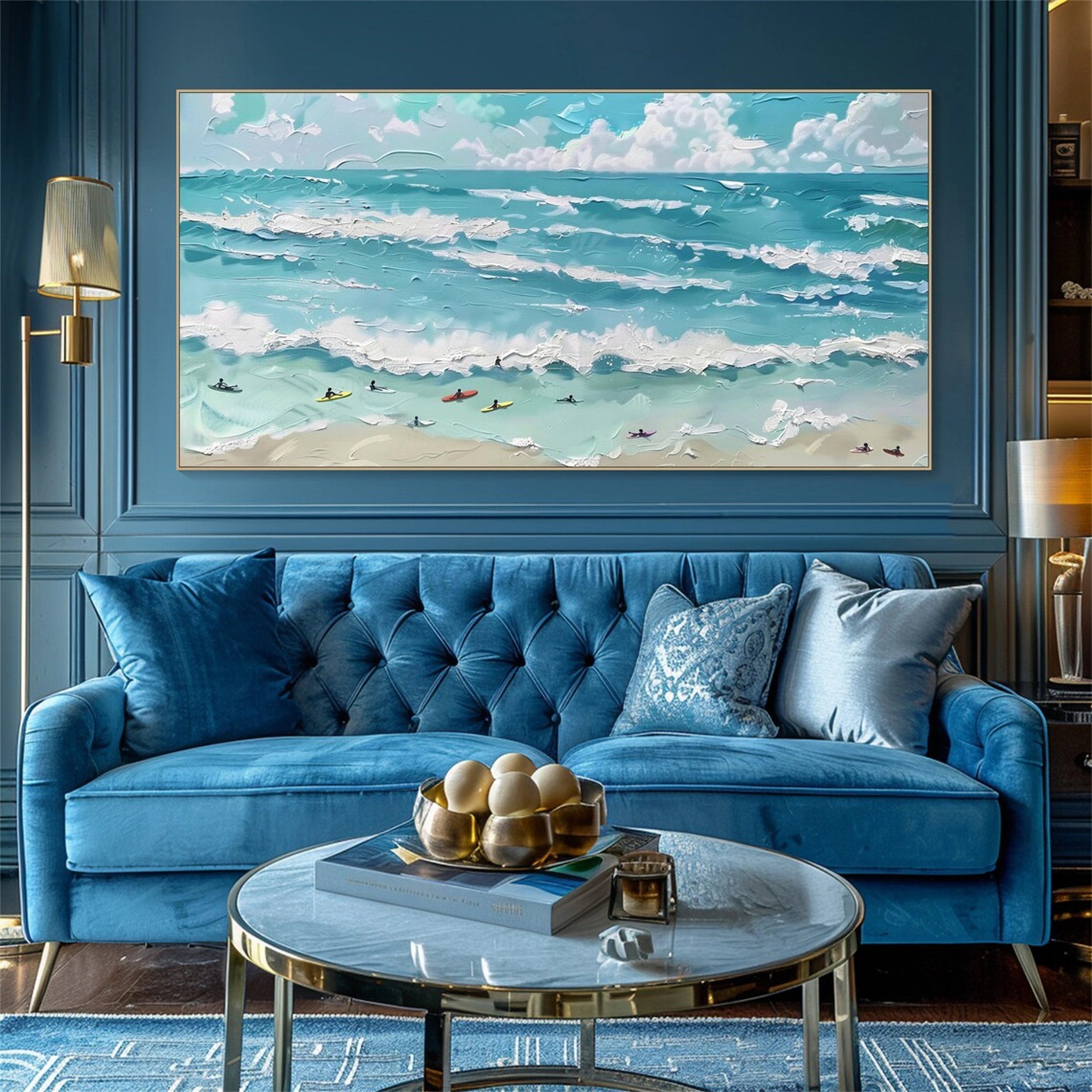 Surfboard Beach Painting | Turquoise and White Impasto Seascape Home Decor #JJ 249