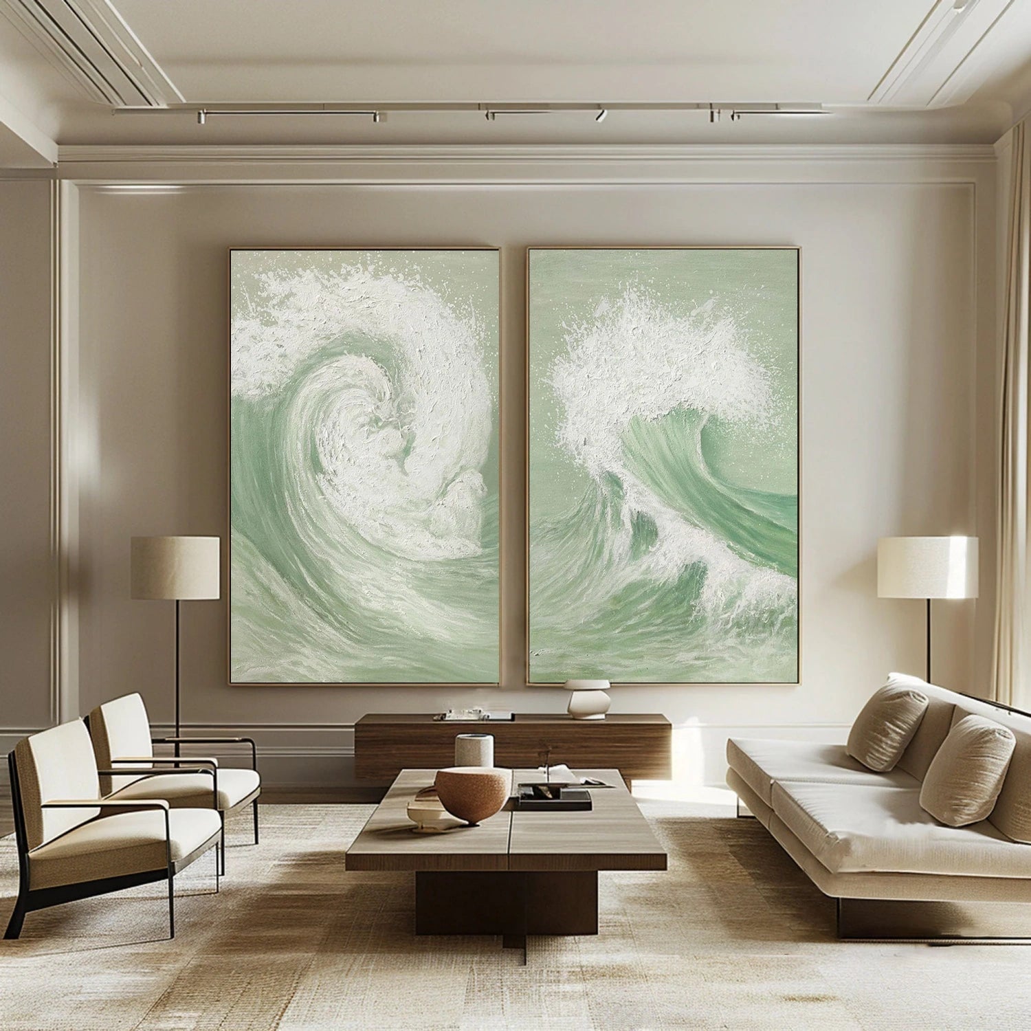 Green & White Wave Art Set - Textured Coastal Paintings #JJ 194