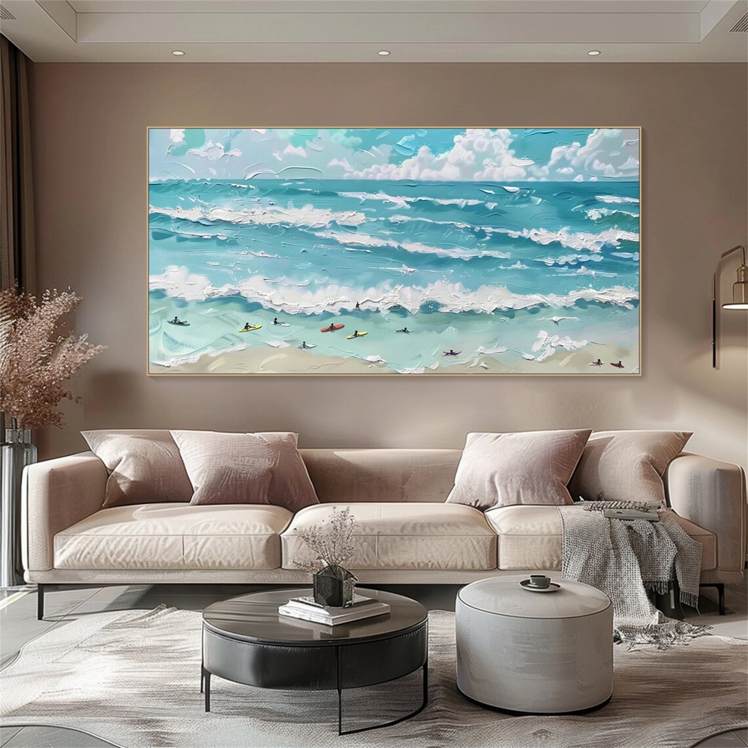 Surfboard Beach Painting | Turquoise and White Impasto Seascape Home Decor #JJ 249
