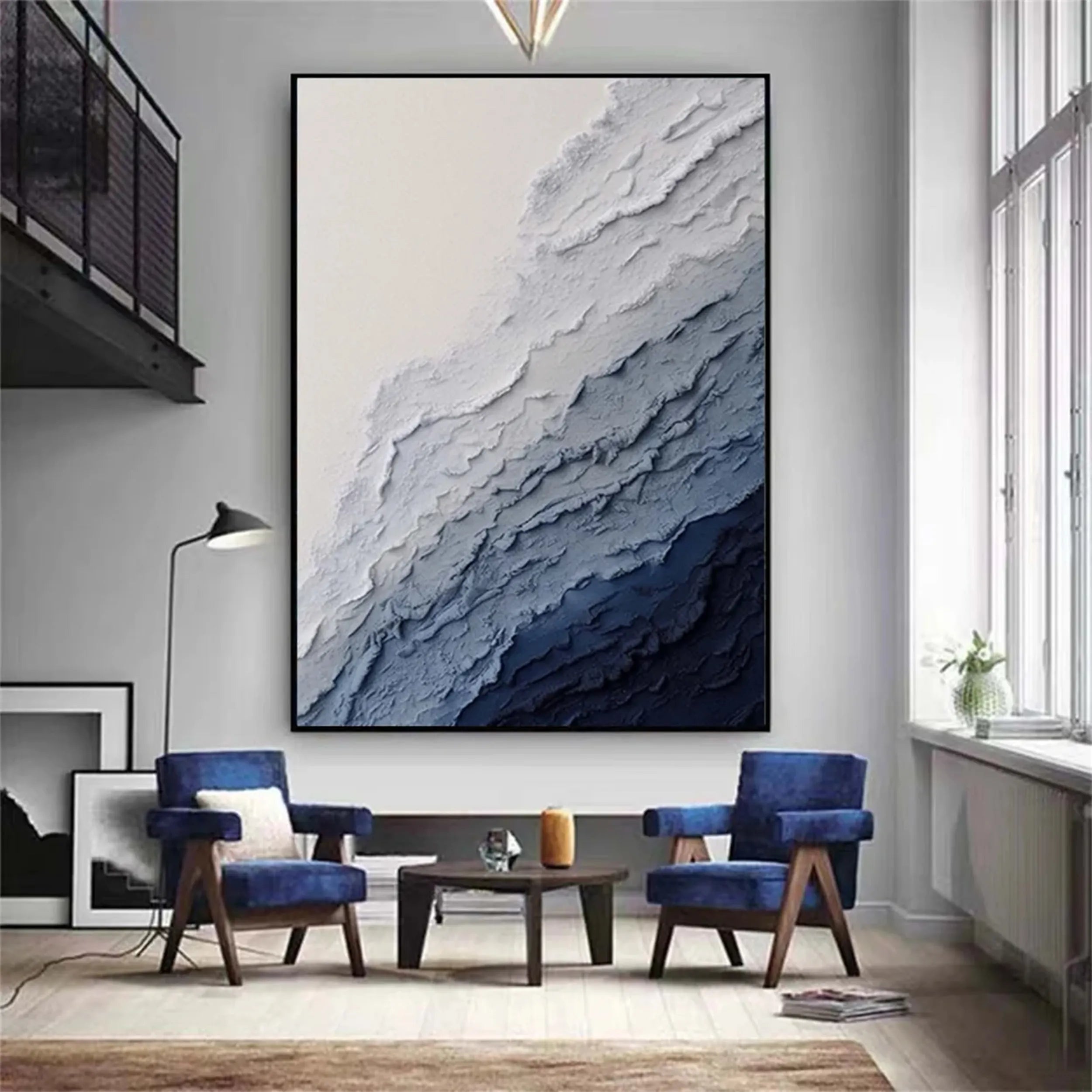 Vertical Beige and Blue Textured Abstract Oil Painting - Modern Serene Art #JJ 129