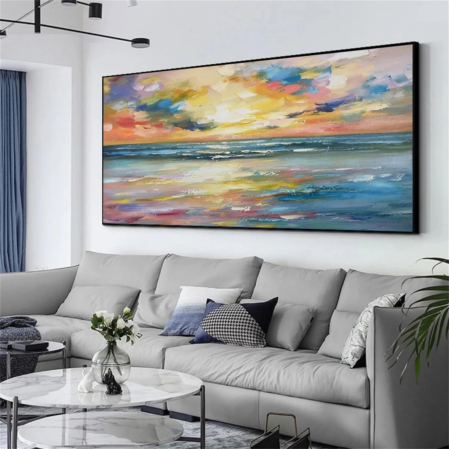 Colorful Sunset Seascape Art - Textured Ocean Oil Painting #JJ 192