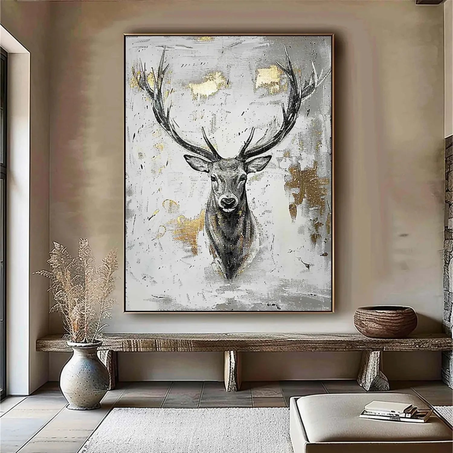 Stag Wall Art | Large Deer Painting Gold Accent Canvas #ZZ 211